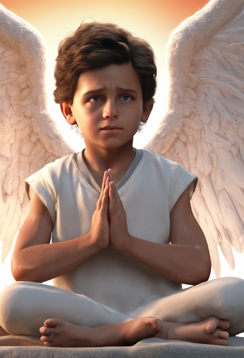 A  praying with his eyes open with angel wings