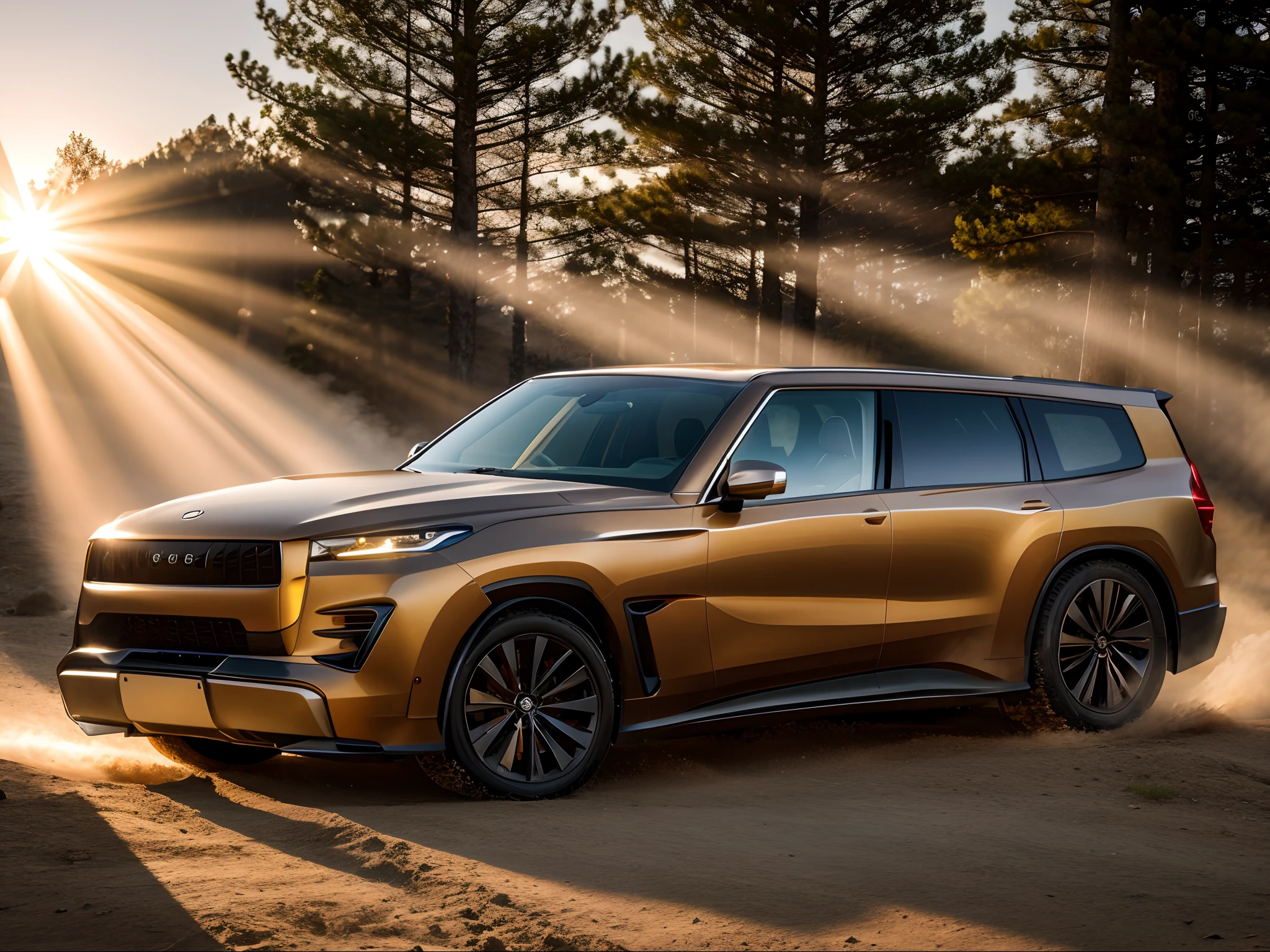 SUV,, tmasterpiece, Best quality at best, high qulity, realistic scene, rays of sunshine, A high resolution, Sharp, on focus, 4K, Very detailed, Ray traching, Shadow dynamics, Light dynamics, forest backgrou,Strong lines。