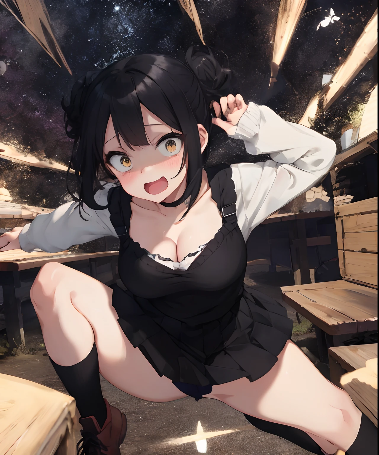 {{{masterpiece}}}, {{{best quality}}}, {{ultra-detailed}}, {illustration}, {{an extremely delicate and beautiful}},everyday, cute, girl, energetic, active, tomboy, jumping, black hair, skirt fluttering , You can see cleavage, (nsfw:0.3), no panties, pussy_outline,pussy_cum, spread legs, poenographic