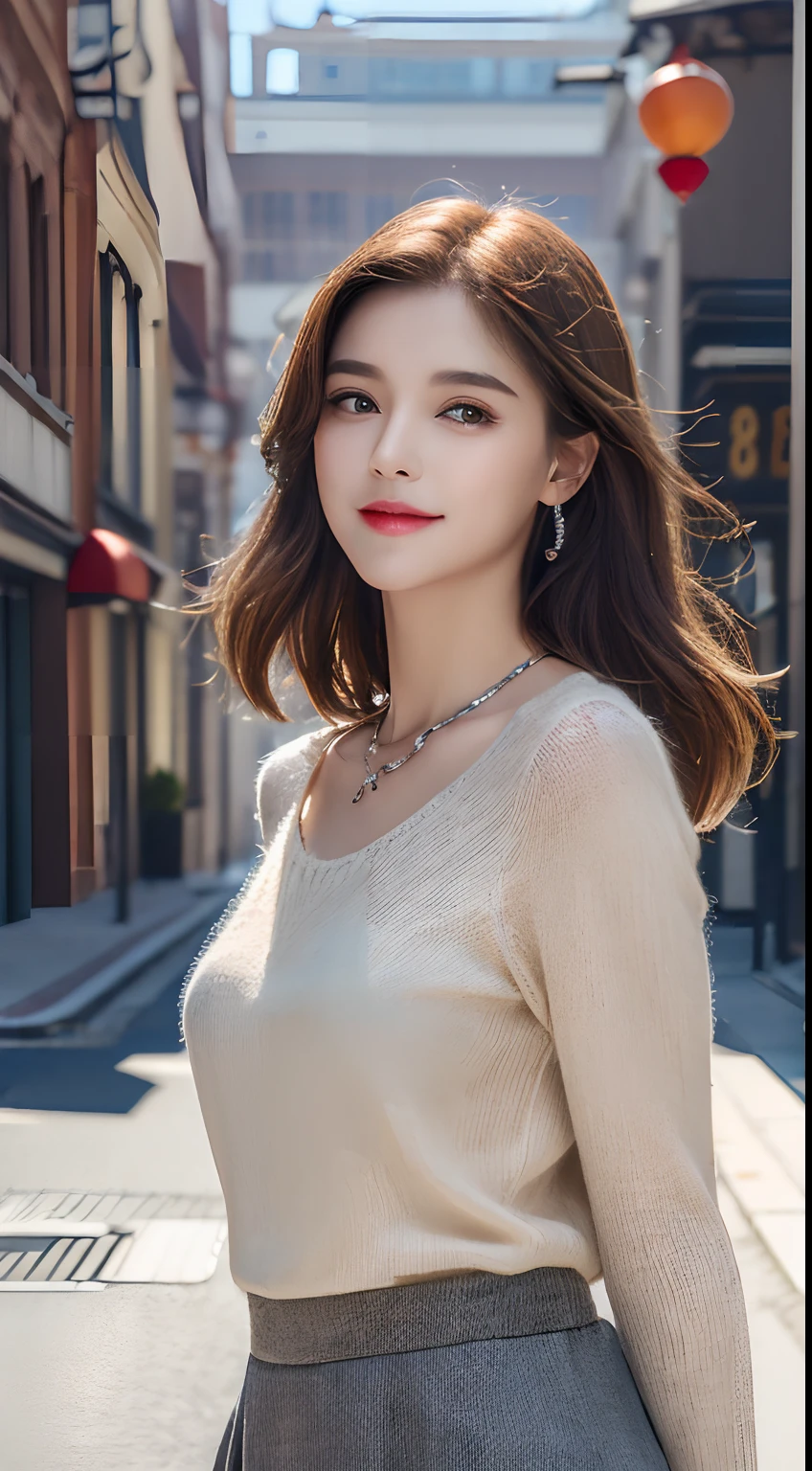 ((Building Street、Realistic light、top-quality、8K、masterpiece:1.3))、1girl in、A slight smil、Slim Beauty:1.4、brown haired、Grey knitted shirt、Red bean-colored long skirt、Thin Silver Necklace、A detailed eye、zoomout