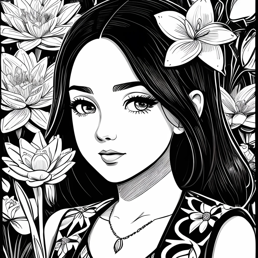 Black and white stick figure 1 girl with river lillies flower in background, in dress with flowers, its fine ink line art, comic style, portrait of ploynesian girl, Marilyn Munroe, Hollywood glam, beautiful line art, black and white comic style, manga style, manga art style, pencil and ink caricature drawing, black and white coloring