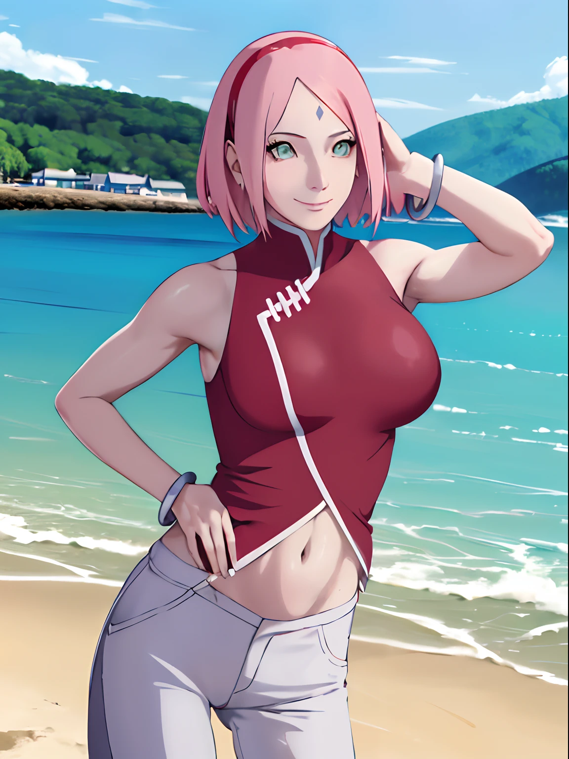 masterpiece, 1k, portrait, face shot, professional artwork, detailed beach background, intricate details, colorful, digital blending, (ultra detailed body, ultra detail hair, ultra detail face), trending on pixiv, kind smile, very hot color, best quality, anime style: 1.9, 1girl, hires, haruno sakura, contrasty lighting, (forehead mark, milf, red hairband, pale skin, short hair, ((red sleeveless dress), white pants), navel, groin, bracelet, looking at viewer, crossed arms, pink hair, green eyes, ((huge breast), smile, beach, wind, floating hair, detailed arms, off-shoulders, slightly muscular arms, standing), sunnyday