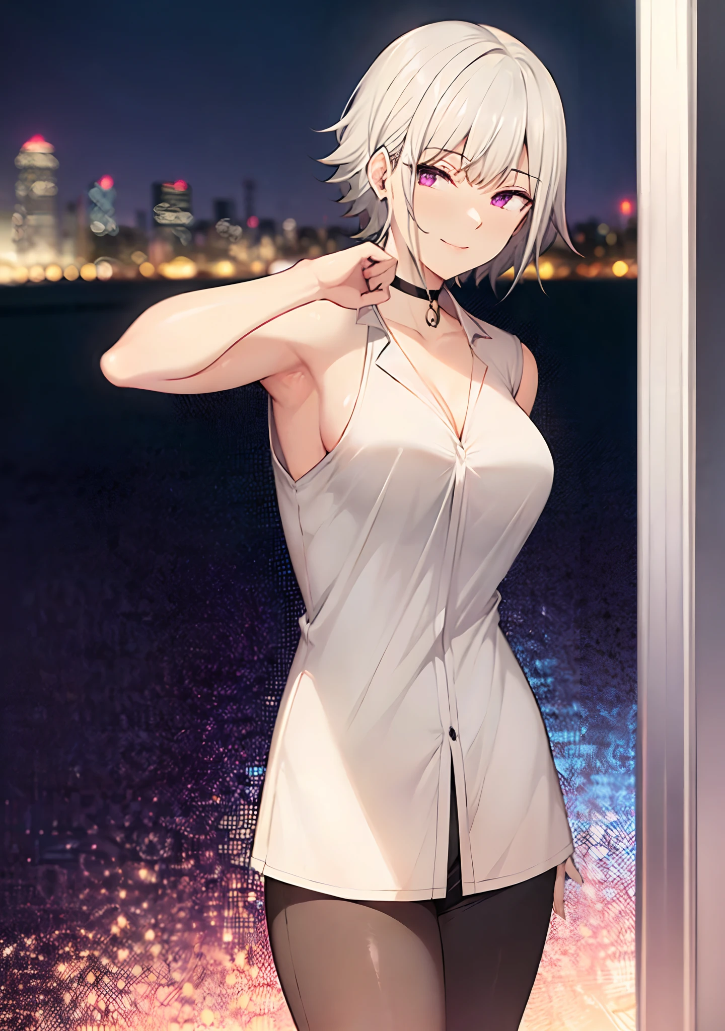 (masterpiece, best quality:1.2), cowboy shot, solo, 1girl, white hair, short wavy hair, purple eyes, average breasts, slender body, light smile, looking at viewer, hands in pockets, formal, suit, (braless), cleavage, black pants, choker, cityscape scenery, street, night light, night time, cigsmoker