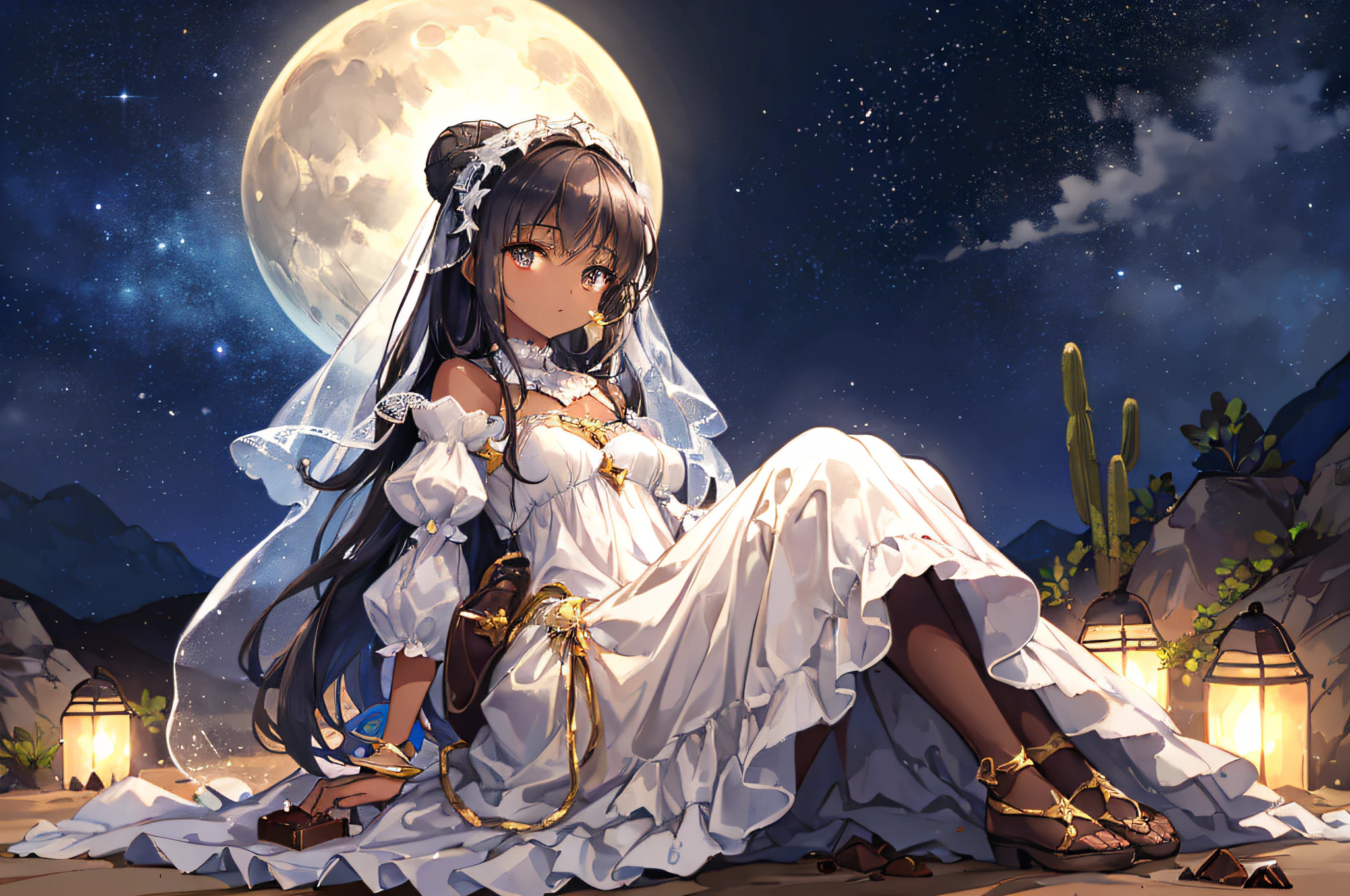 (It depicts a scene in the desert on a moonlit night with a hazy haze, and a princess gazing at the landscape from her camp). (Her outfit is delicate and beautifully designed, and she is clad in enough to keep out the chill of the desert night). (A star-filled sky. The dim camp lights). (Draw the princess small and focus on the background). (Distant view, wide shot, side shot, not looking at us, (chocolate skin:1.2)), (Best quality), (masterpiece:1.3), ultra-detailed, sharp shadows, great detail, depth of field, super detailed background,