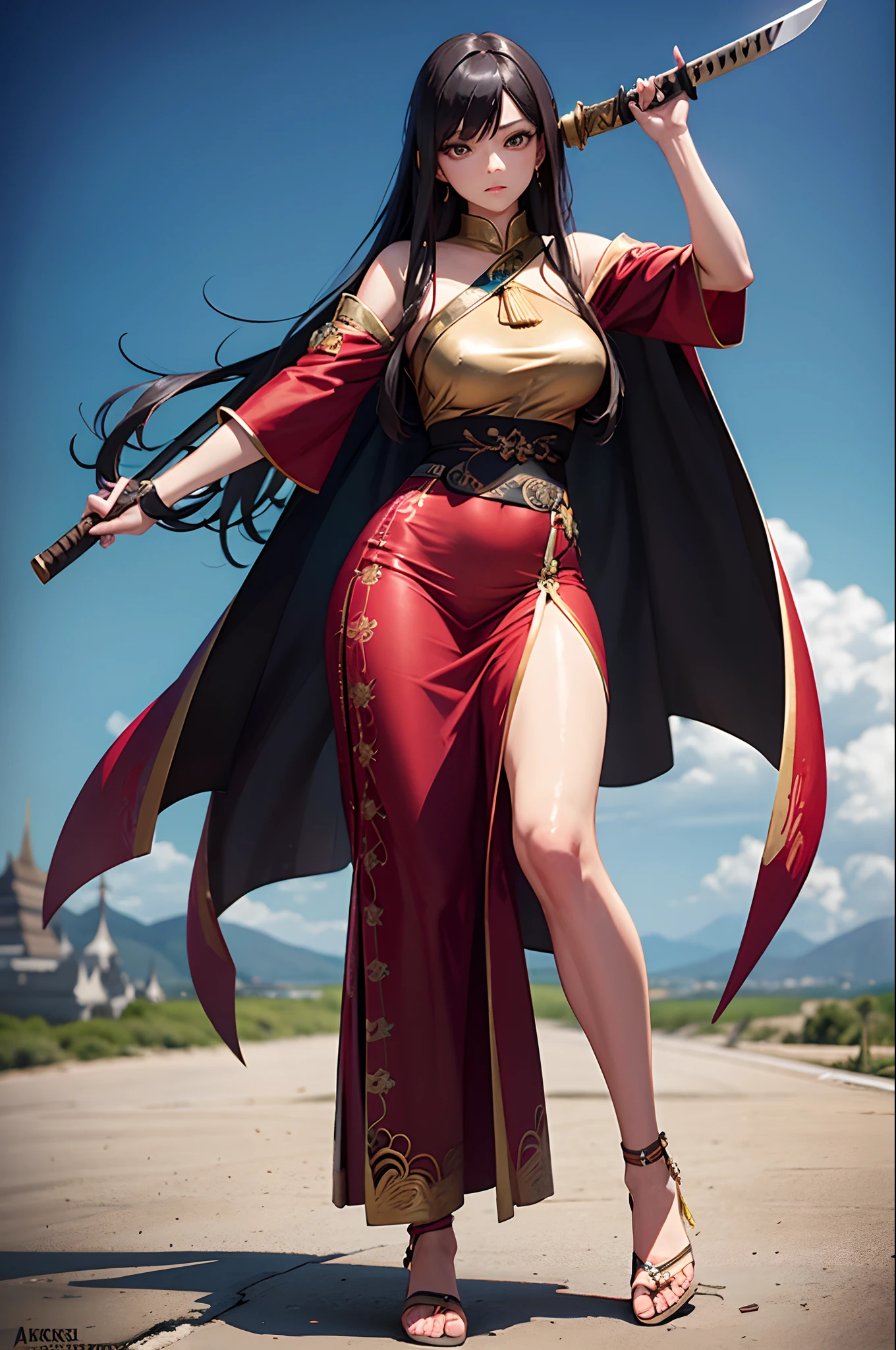 Woman in blue and red cheongsam standing on a rock by the sea, 《dragonball》Cyborg 18 , posing ready for a fight, mai shiranui, elegant cinematic pose, fighting game character, character posing,Cowboy boots。 --auto