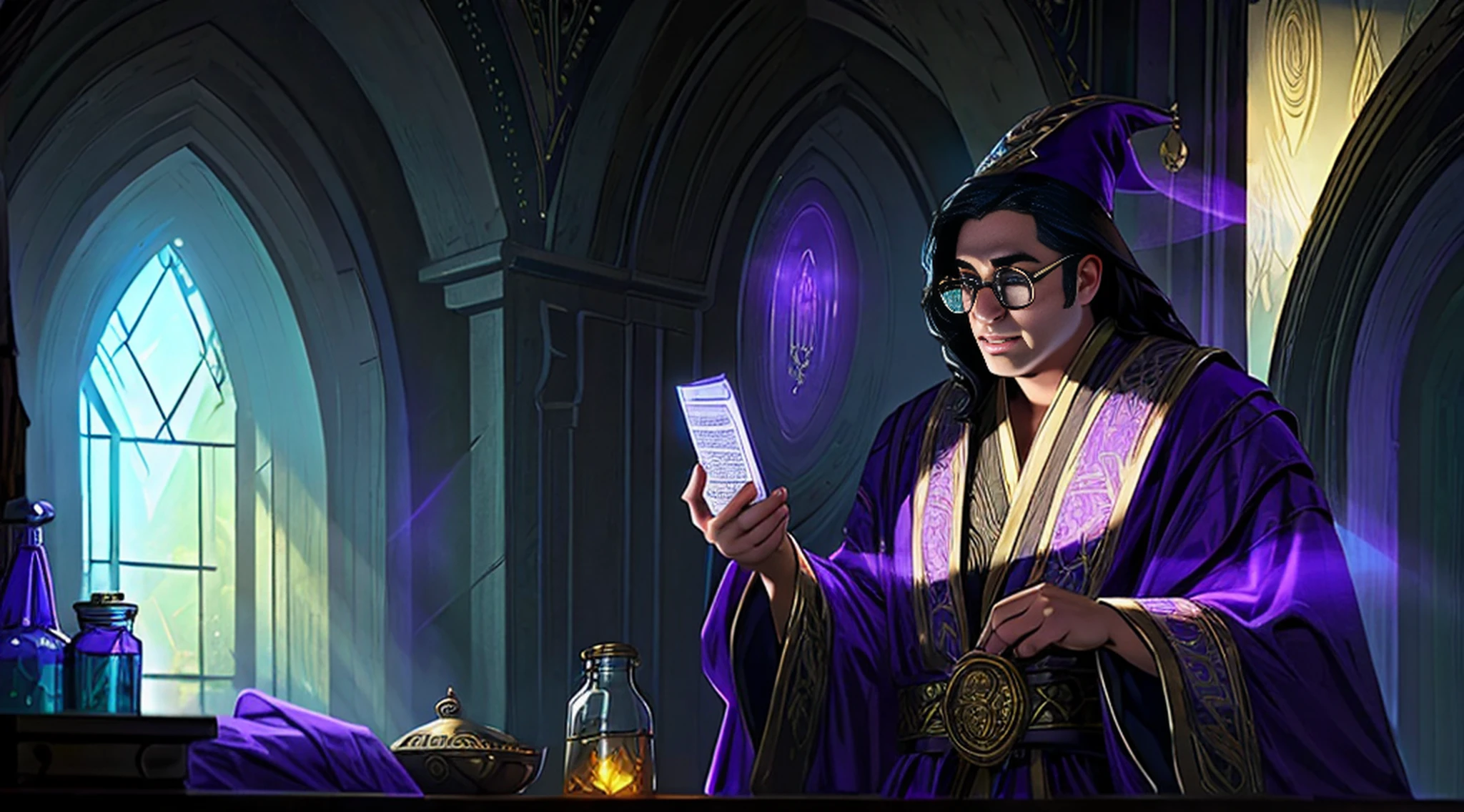 magv1ll, beautiful whitch, black hair, purple ornate robe, hat, round eyewear, dark room, dark atmosphere, glowing potion bottle