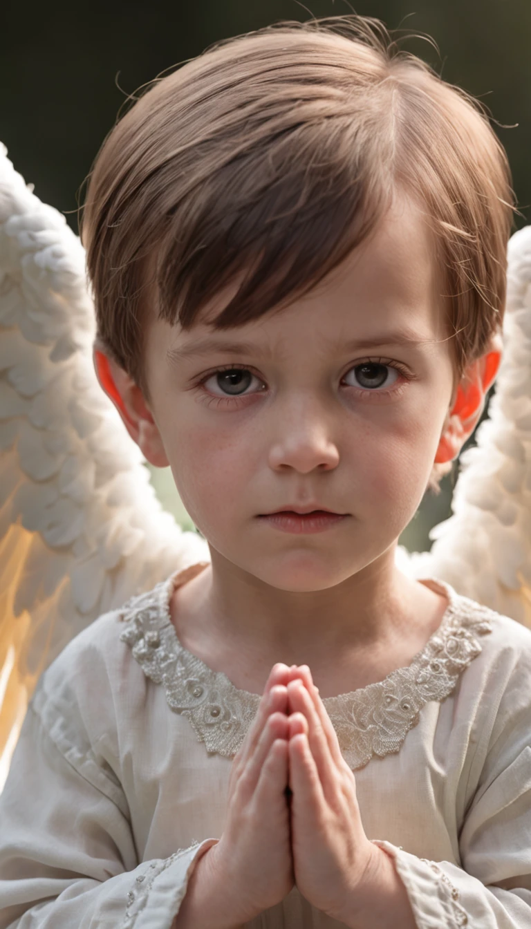 angel, , male, praying pose, wings spread, eyes open, ultra realistic, 16k, ar:9,16