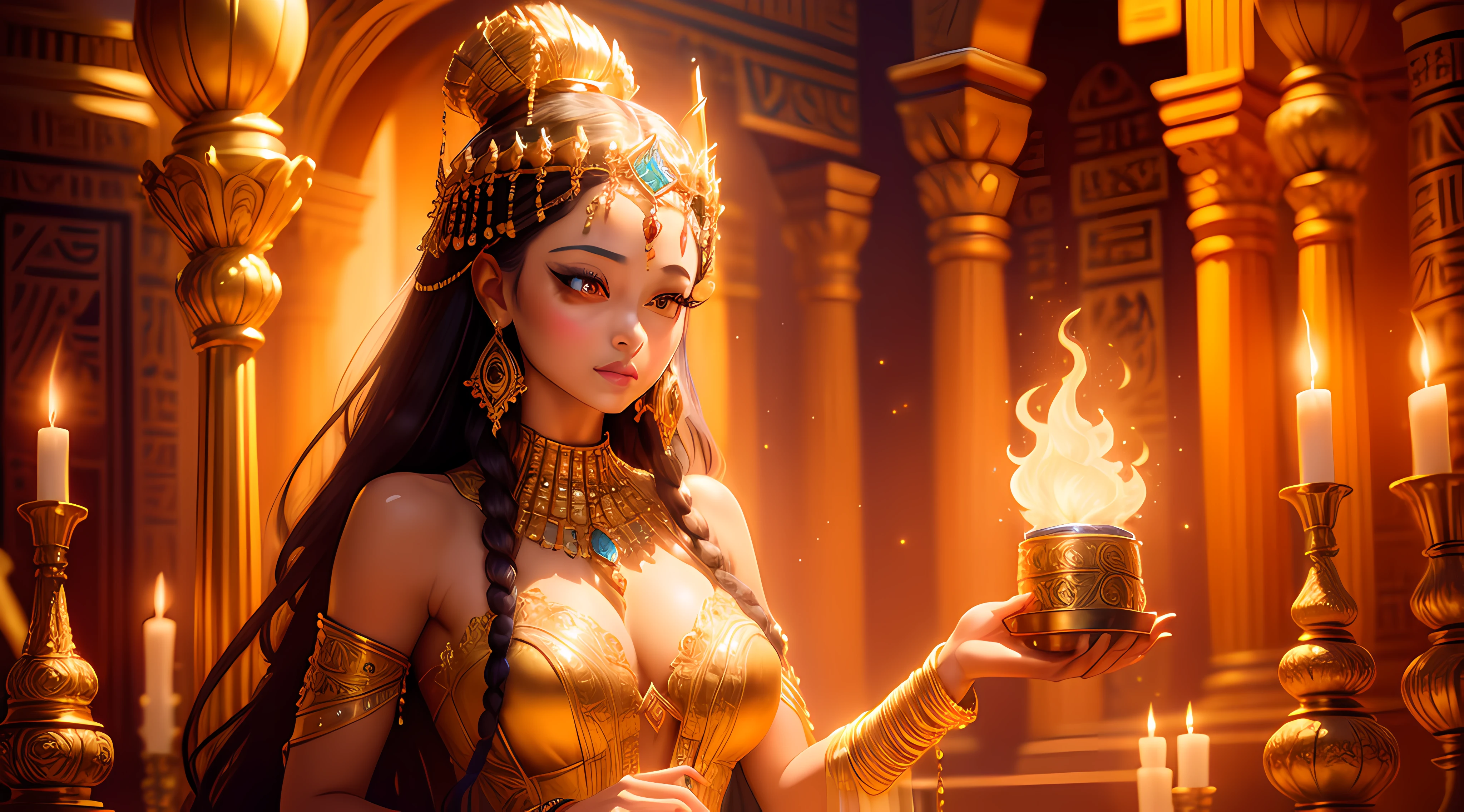 An enchanting portrayal of an Egyptian queen in her opulent palace, bathed in warm golden light, wearing an ornate headdress and flowing robes adorned with intricate hieroglyphic patterns, her eyes exuding wisdom and power, surrounded by flickering candles and exotic perfumes, the air filled with an aura of mystique and regality, Artwork, digital painting on canvas, capturing every intricate detail with brush strokes, --ar 16:9 --v 5