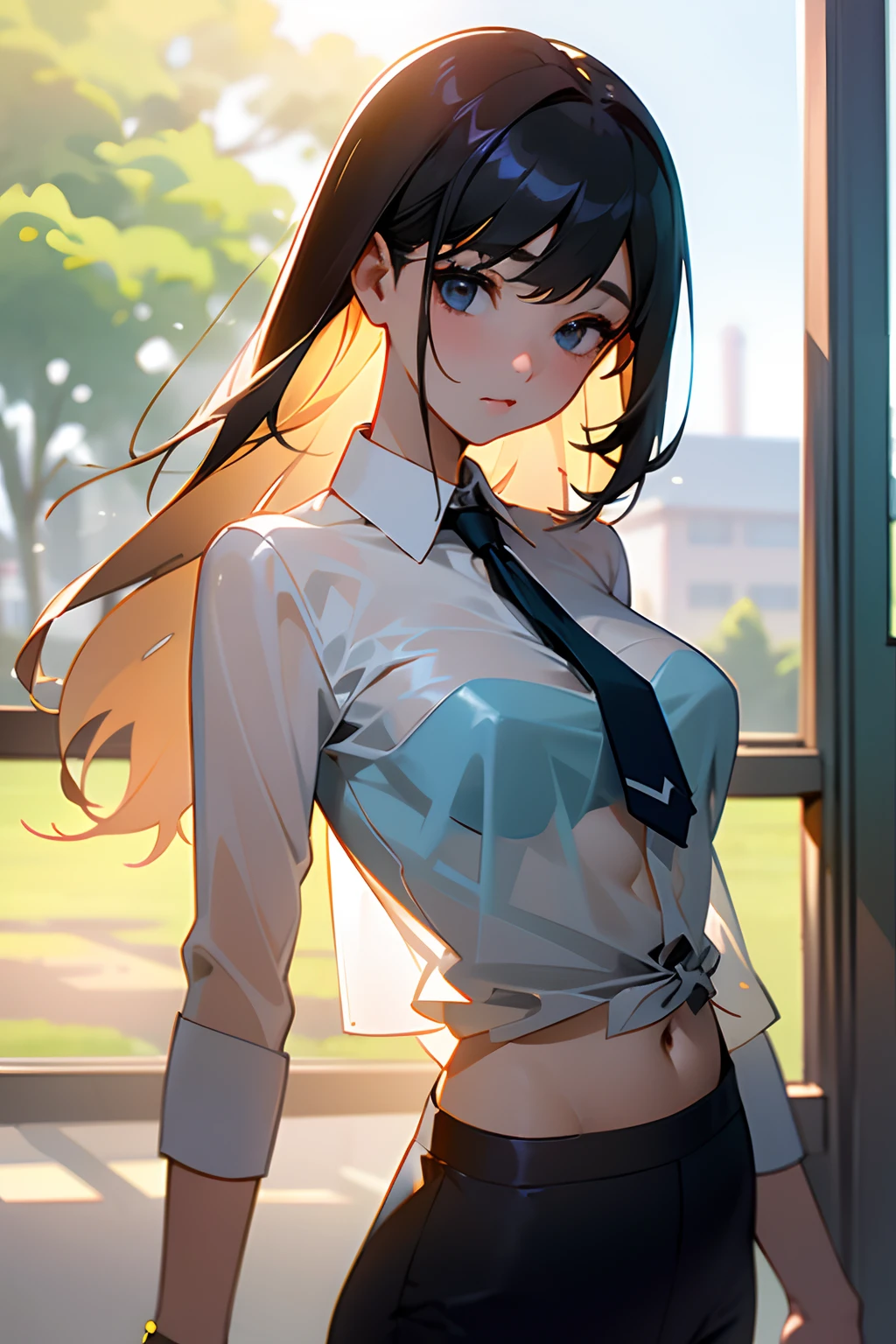 1girll,Face focus, Adults, see-through shirts, Neck tie, Open pants, top-quality, adopted, A detailed face, s Office, crisp breasts、The upper part of the body,building from window, 细致背景, Diffused sunlight, depth of fields, bokeh dof --auto