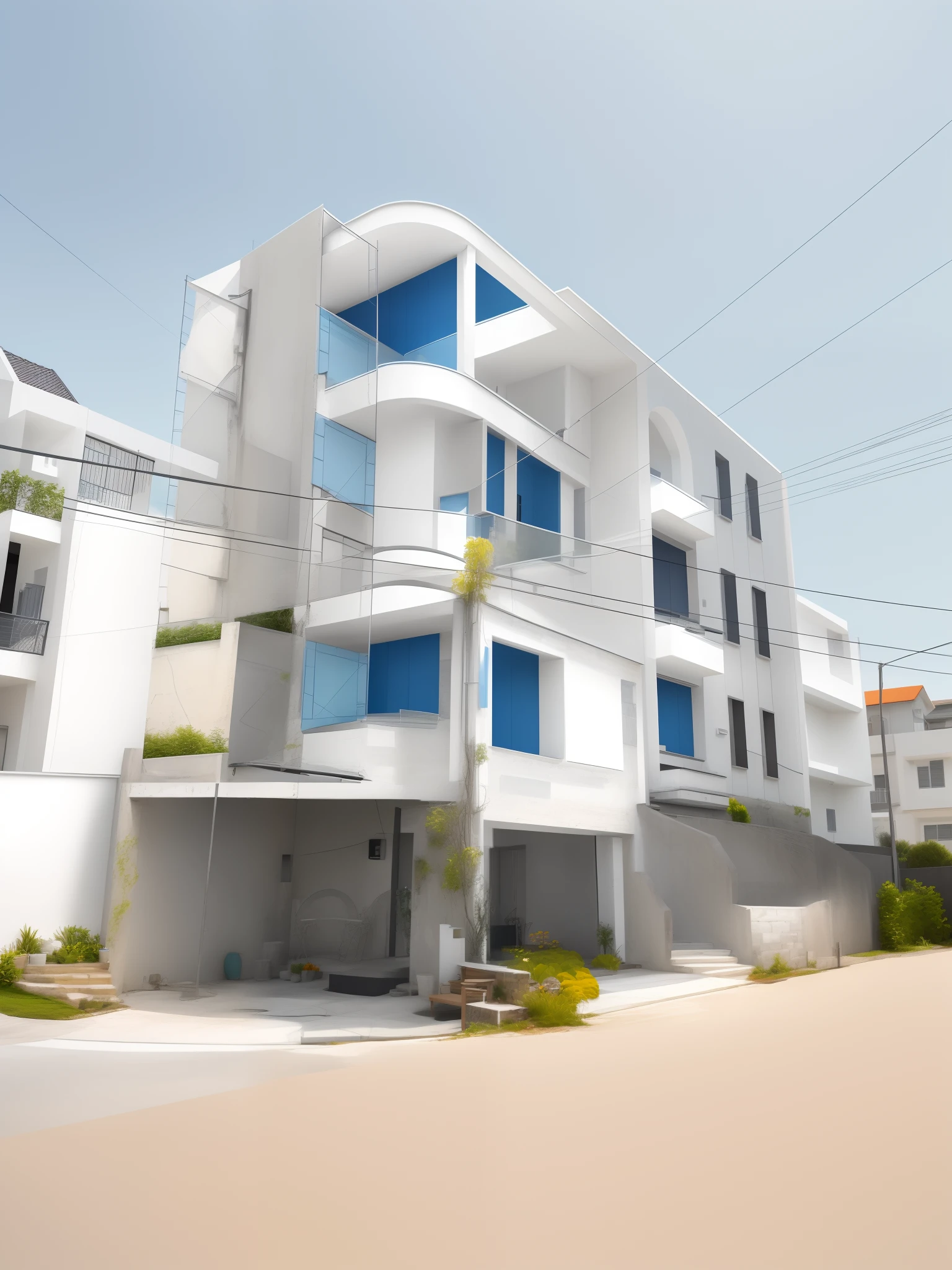 Modern house, white wall, blue gate, orange highlights