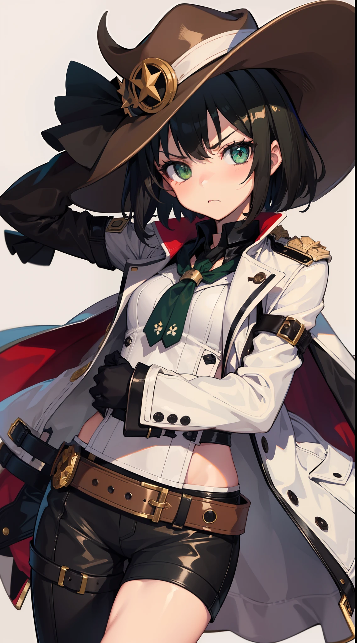 young girl, short black hair, Green eyes, White Mask, brown leather coat, hat, Rorschach, angry, Masterpiece, hiquality