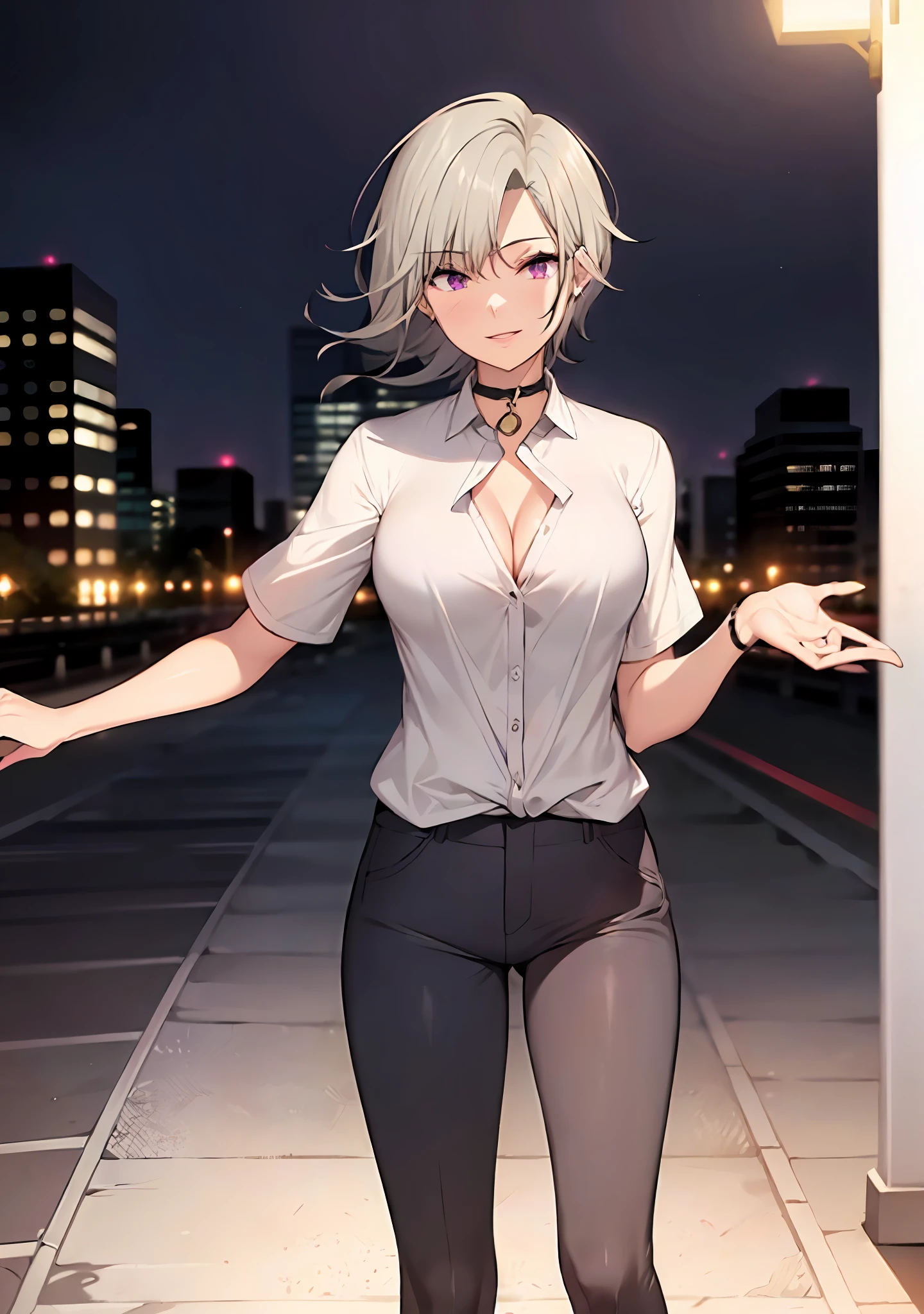 (masterpiece, best quality:1.2), cowboy shot, solo, 1girl, white hair, short wavy hair, purple eyes, average breasts, slender body, light smile, looking at viewer, hands in pockets, formal, suit, (braless), cleavage, black pants, choker, cityscape scenery, street, night light, night time, cigsmoker