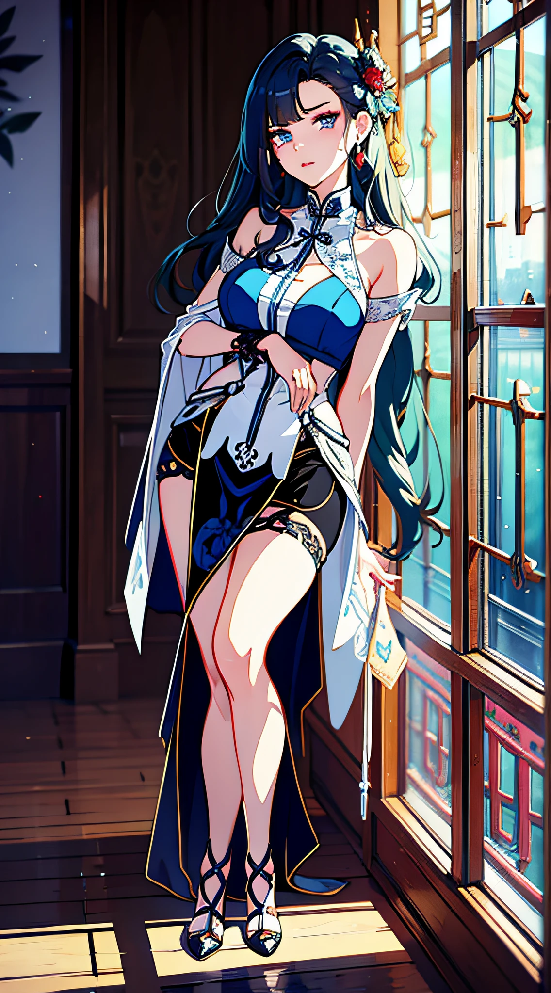 Fine, (Best Illustration), 8K resolution, Intricate details, Best quality, Realistic, Ultra detailed, BEST lighting, Best shadows, Ultra HD, Blue hair, Long hair, magister, standing,Dressed in an ice blue trendy Chinese costume,The skirt does not reach the knee,Long legs,Moon eyebrow starry eyes,Qiong nose is straight,Such as aquatic silk。