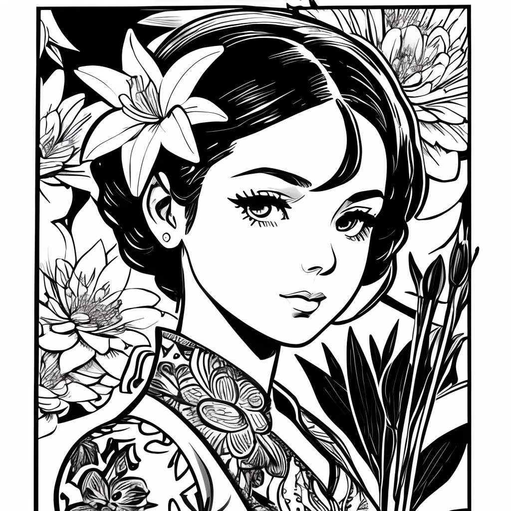 Black and white stick figure 1 girl with river lillies flower in background,  in dress with flowers, its fine ink line art, comic style, portrait of ploynesian girl, Marilyn Munroe, Hollywood glam, beautiful line art, black and white comic style, manga style, manga art style, pencil and ink caricature drawing, black and white coloring