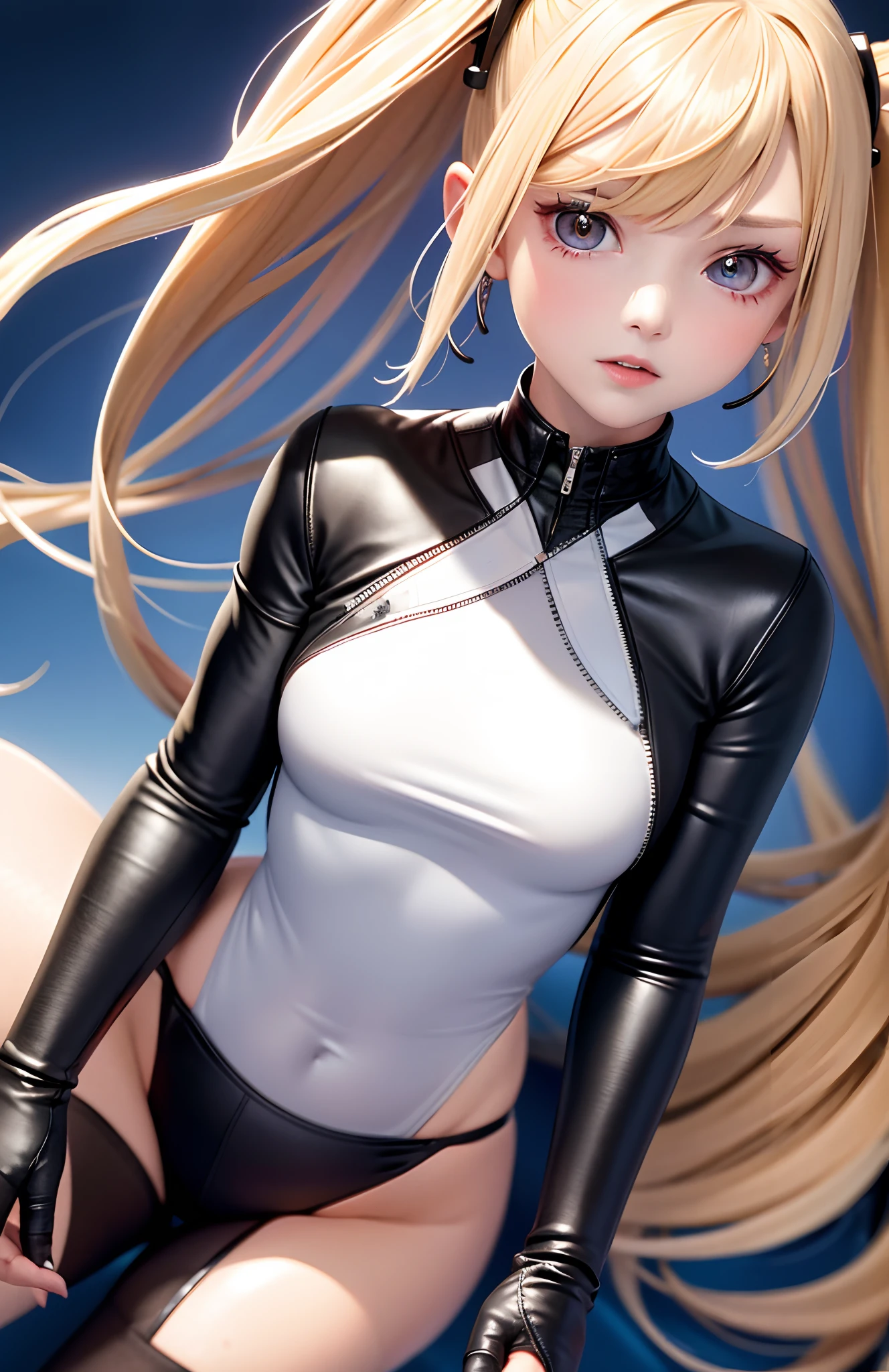 optimum,tmasterpiece,A high resolution,best qualtiy,hyper HD,super detailing,Award-Awarded,16k,独奏,(The upper part of the body),anatomy correct,Beautiful cyberpunk girl,cute face,,Gradient Beige Hair,Hairline,((Scarlet eyes)),long eyelasher,Hanging eye corners,White skin of the,(small boobs),(Slim body),((Women's extra short shawl leather jacket)),((racing_suit)),ear studs,(neck rings),(Laser material clothing:1.2)