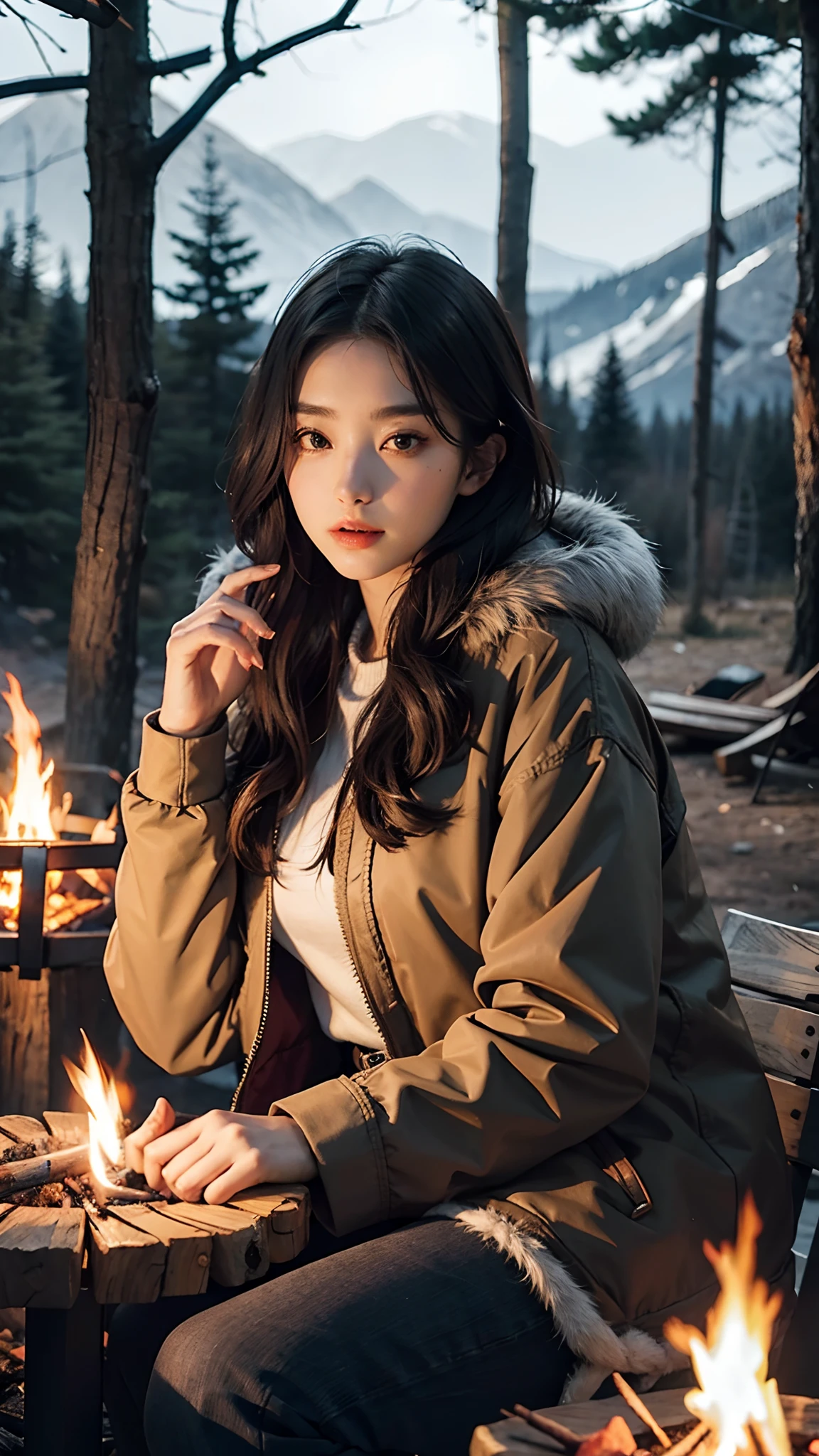 Beautiful woman wearing thick fur jacket, sitting around a campfire on a wooden branch, camp background, cold atmosphere, detailed face