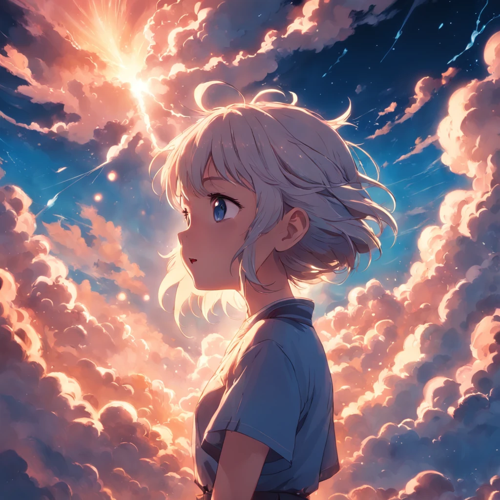 masterpiece, best quality, movie still, 1girl, cloud girl, floating in the sky, close-up, bright, happy, warm soft lighting, sunset, (sparks:0.7)