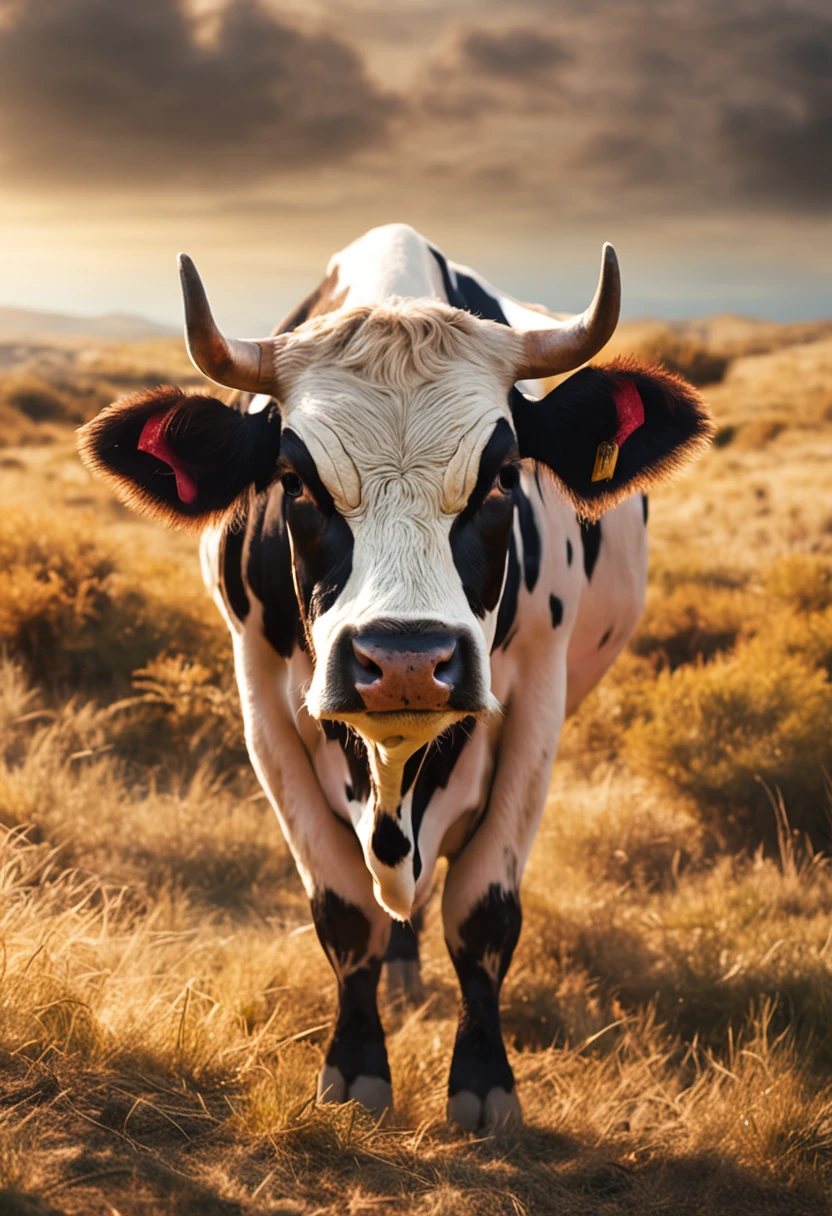 uma carne de vaca ultrarealista mas com desing de desenho animado