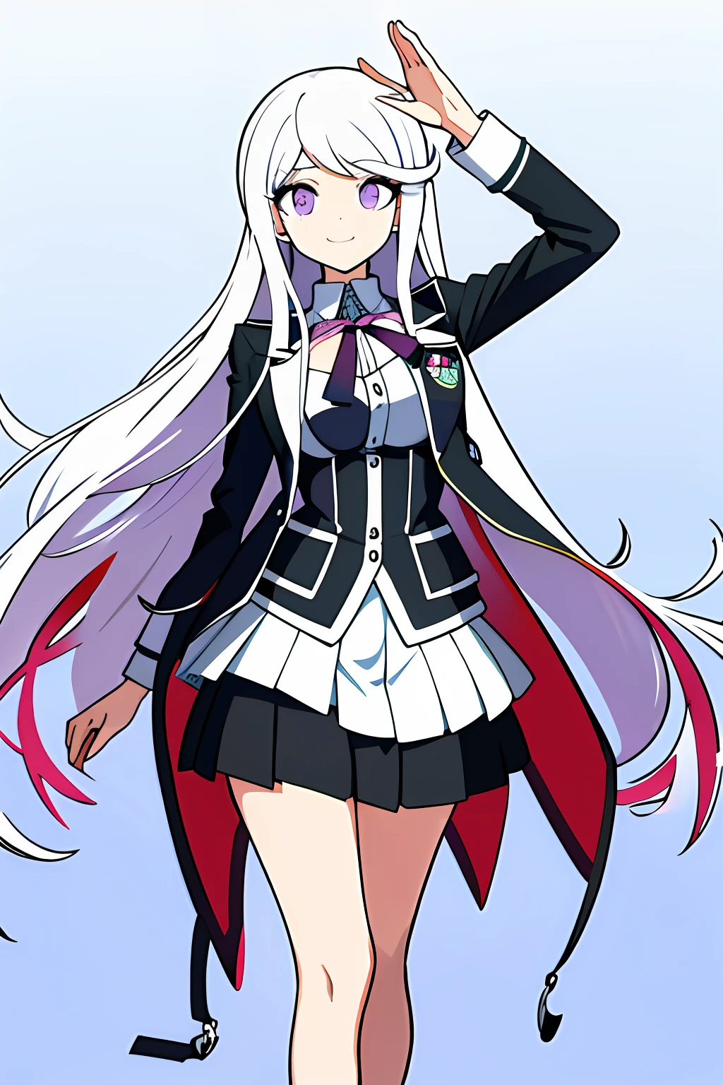 (Masterpiece), (the Extremely Detailed CG Unity 8K Wallpapers), (Extremely refined and beautiful), (1girll:1.3), Solo, (Perfect front view:1.3), ((ultra - detailed)), illustratio, hair between eye, afloat, finely detailled, (The upper part of the body), (Looking_at_peeping at the viewer:1.2), (Danganronpa (styled)), (Danganronpa (styled):4.5),((Black military uniform)), ((Black shirt)), black short skirt, (Closed jacket), (black_upper legs)), (Long white hair:1.5), (Purple eye:1.2), (shairband),(hair straight:1.4),(Light smile:1.5),(court room),standing on your feet,(simplebackground:1.4),Standing CG,GameCG,Perfect hands,Humanity,Danganronpa,Beautiful hands
