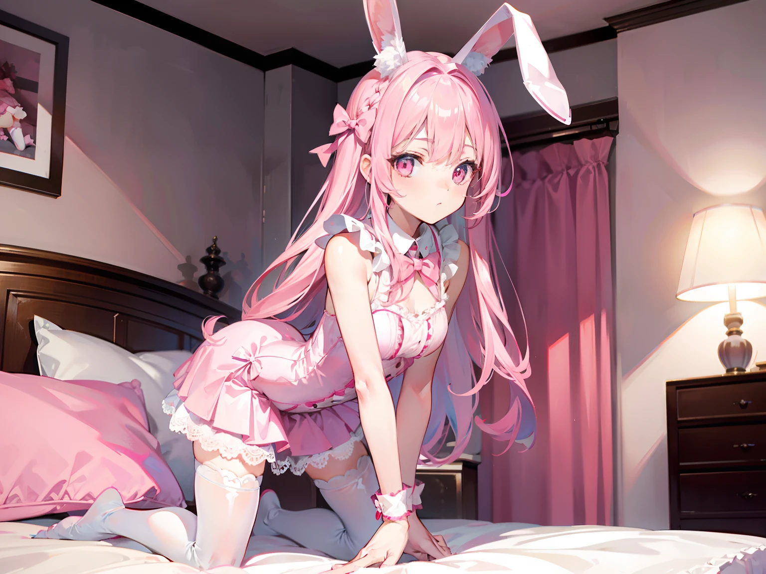 rabbit maid,rabbit ears,rabbit tail,naked apron,flat chest,nipple,Pussy,knee socks,spread legs,spread pussy