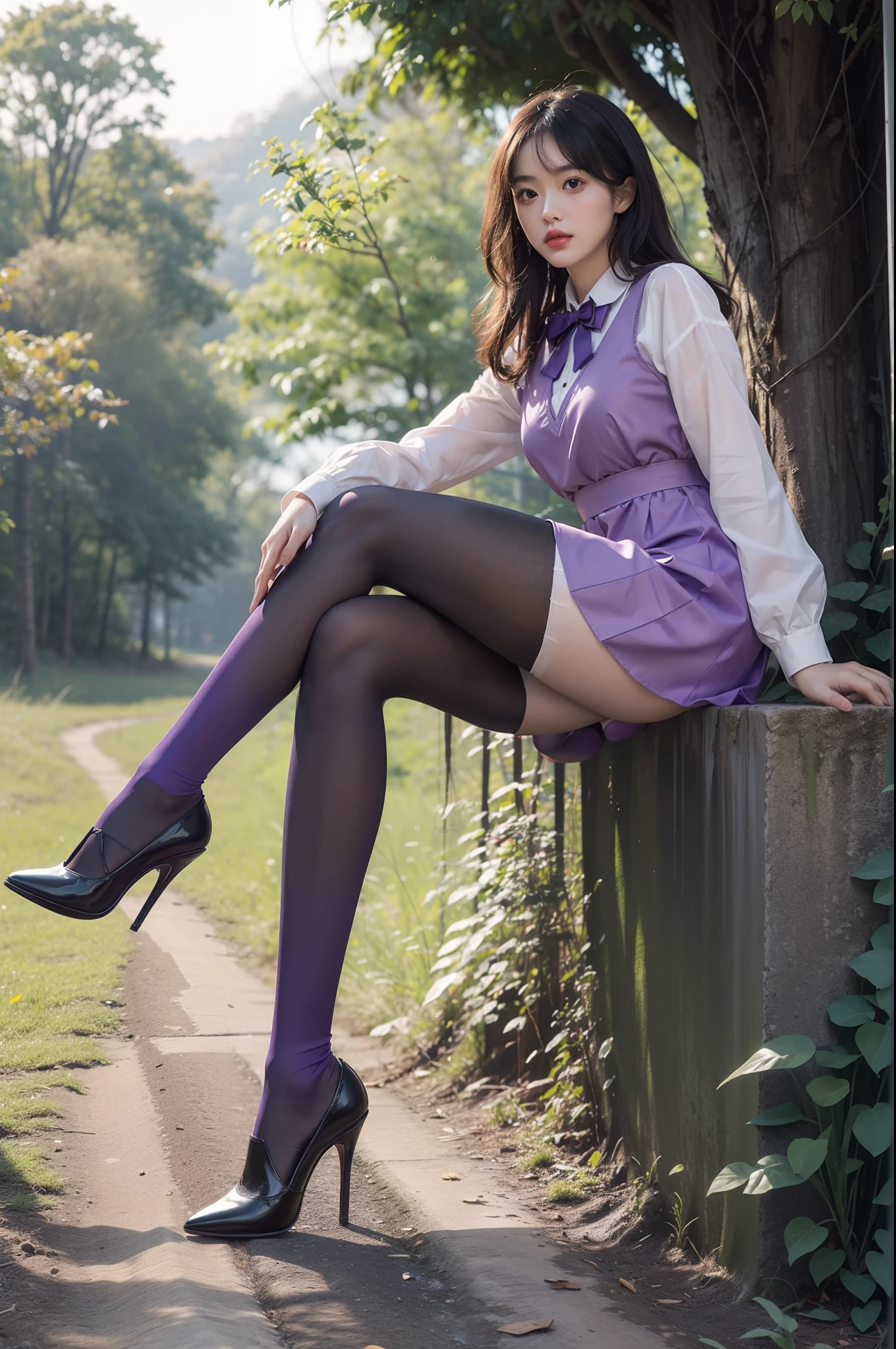 (full body:1.5),(1girl:1.3),(view the viewer:1.4),(anatomy correct:1.3),(sitting in the forest:1.2),(Wearing a school Style Dress:1.2),(Opaque Purple pantyhose:1.3),( girl pointed thick heels :1.1),(Accurate and perfect face:1.3),(Long legs:1.3),hyper HD, Ray traching, reflective light, structurally correct, Award-Awarded, high detail, lighten shade contrast, Face lighting ,cinematic lighting, masterpiece, super detailing, high quality, high detail, best quality, 16k,High contrast,