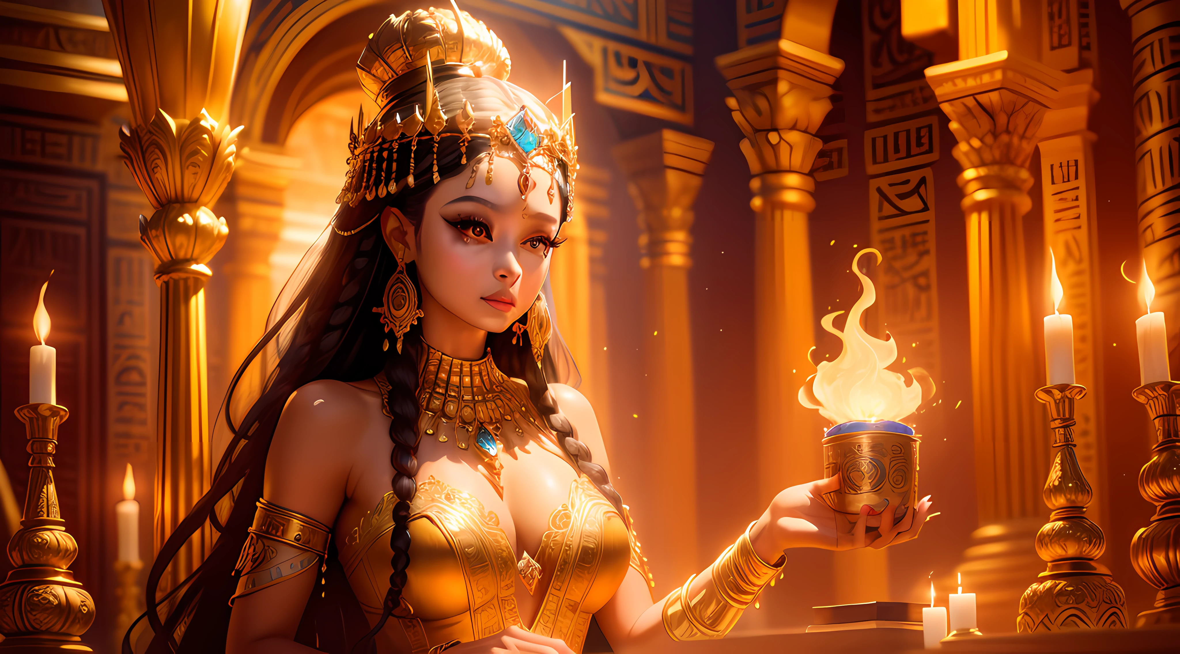 An enchanting portrayal of an Egyptian queen in her opulent palace, bathed in warm golden light, wearing an ornate headdress and flowing robes adorned with intricate hieroglyphic patterns, her eyes exuding wisdom and power, surrounded by flickering candles and exotic perfumes, the air filled with an aura of mystique and regality, Artwork, digital painting on canvas, capturing every intricate detail with brush strokes, --ar 16:9 --v 5