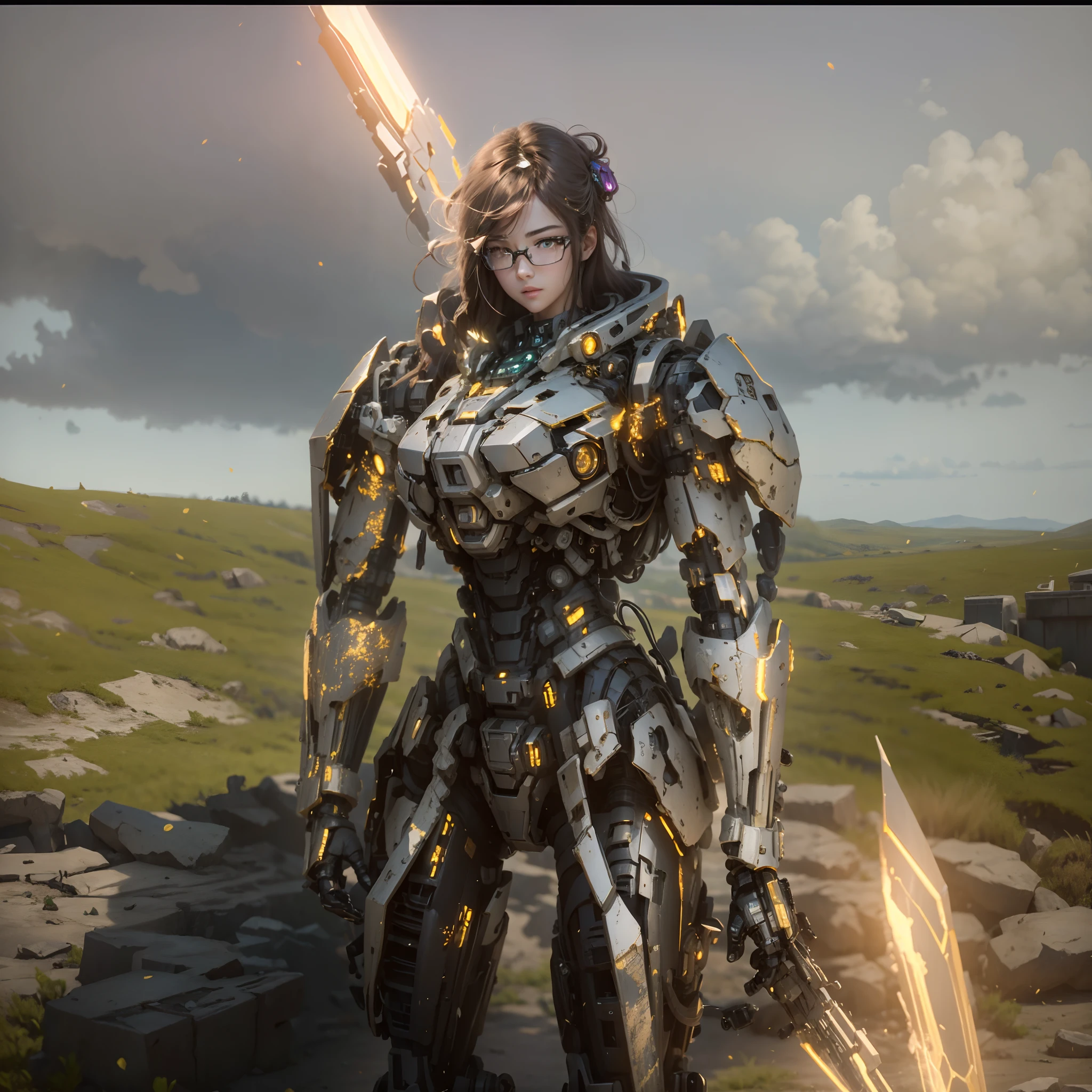 ((Best Quality)), ((Masterpiece)), (Very Detailed:1.3), 3D, Shitu-mecha, Beautiful cyberpunk woman with her pink mech in the ruins of a city in the forgotten war, Ancient technology, HDR (High Dynamic Range), ray tracing, NVIDIA RTX, super resolution, unreal 5, subsurface scattering, PBR texture, post-processing, anisotropic filtering, depth of field, maximum sharpness and sharpness, multi-layer texture, albedo and highlight maps, surface shading, Accurate simulation of light-material interactions, perfect proportions, octane rendering, duotone lighting, low ISO, white balance, rule of thirds, wide aperture, 8K RAW, efficient sub-pixels, subpixel convolution, luminescent particles, light scattering, Tyndall effect, wearing black glasses, right hand holding energy sword,long black hair