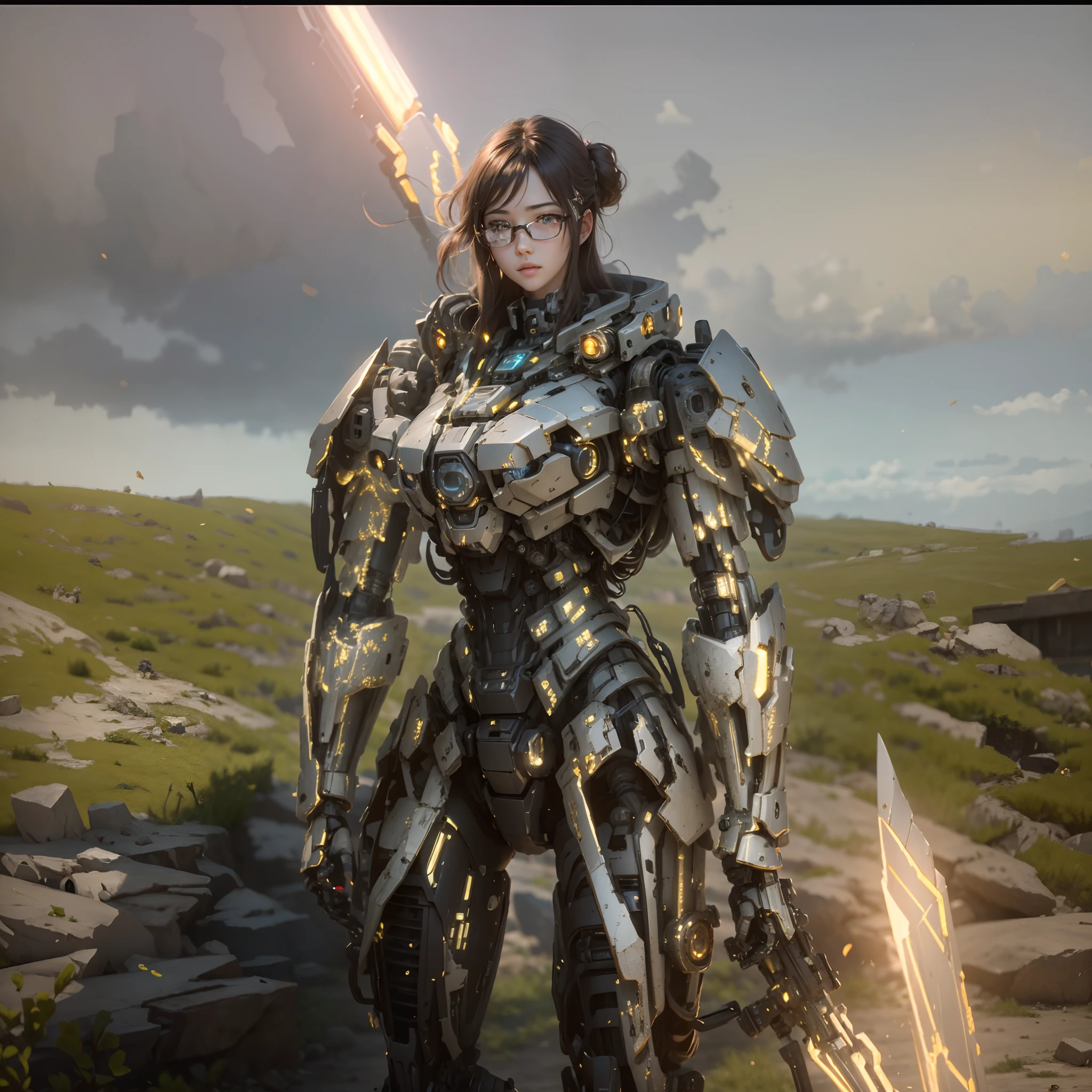 ((Best Quality)), ((Masterpiece)), (Very Detailed:1.3), 3D, Shitu-mecha, Beautiful cyberpunk woman with her pink mech in the ruins of a city in the forgotten war, Ancient technology, HDR (High Dynamic Range), ray tracing, NVIDIA RTX, super resolution, unreal 5, subsurface scattering, PBR texture, post-processing, anisotropic filtering, depth of field, maximum sharpness and sharpness, multi-layer texture, albedo and highlight maps, surface shading, Accurate simulation of light-material interactions, perfect proportions, octane rendering, duotone lighting, low ISO, white balance, rule of thirds, wide aperture, 8K RAW, efficient sub-pixels, subpixel convolution, luminescent particles, light scattering, Tyndall effect, wearing black glasses, right hand holding energy sword,long black hair