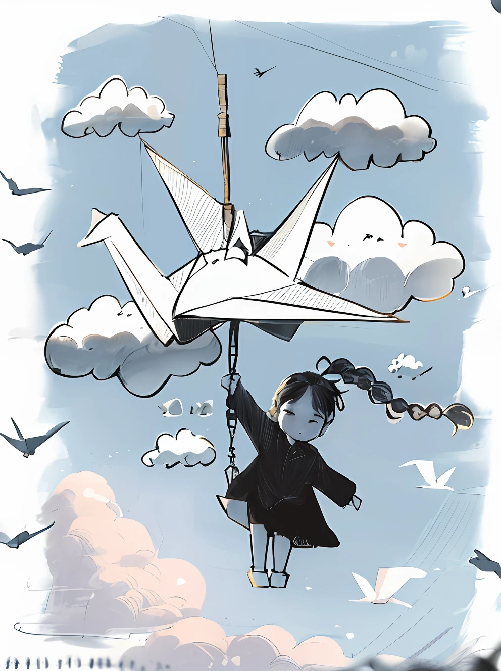 drawing of a girl on a swing with a crane in the sky, origami crane drawings, inspired by Uragami Gyokudō, girl clouds, she is floating in the air, flitting around in the sky, by Yuki Ogura, by Ruth Jên, inspired by Saneatsu Mushanokōji, (inktober), floating into the sky