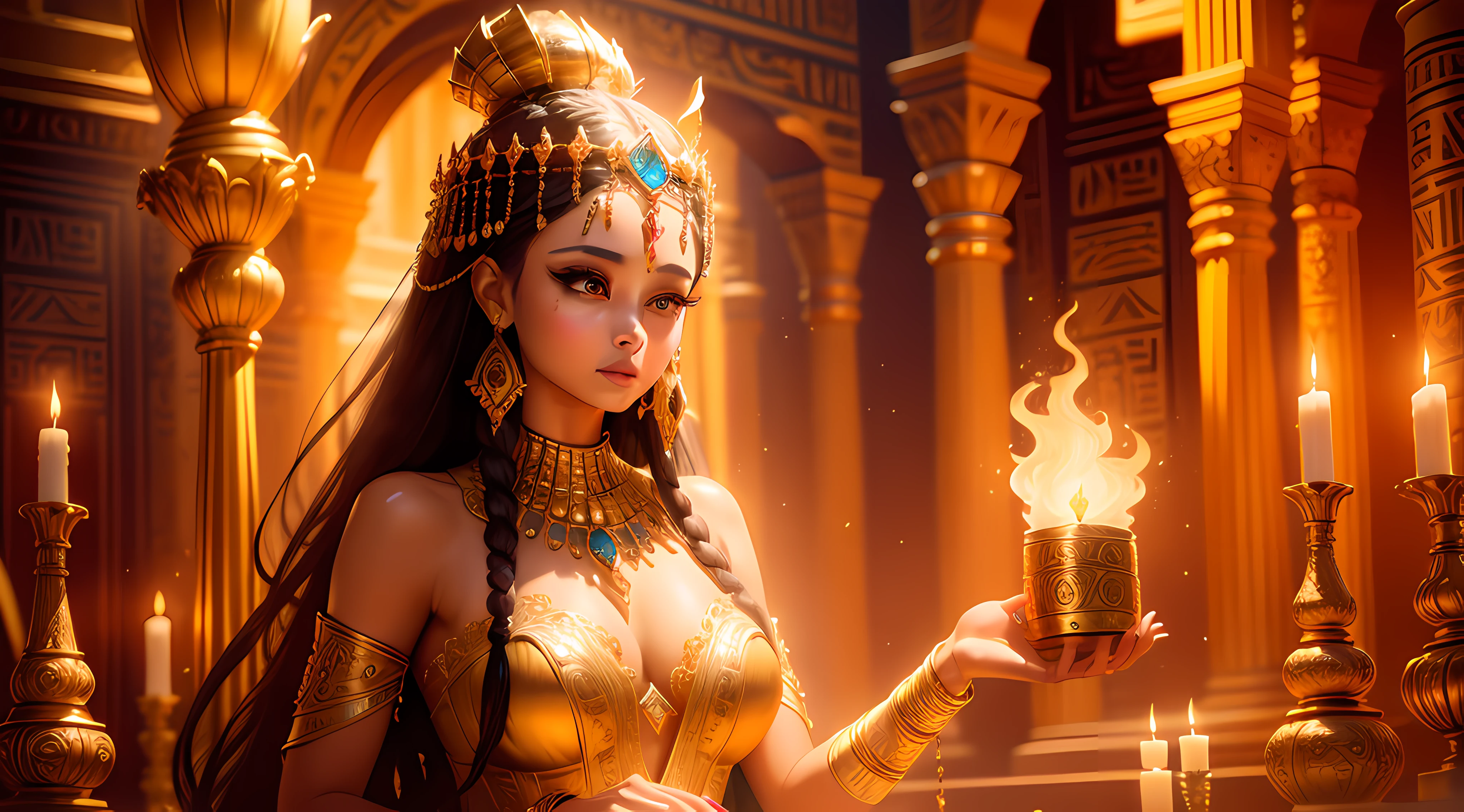 An enchanting portrayal of an Egyptian queen in her opulent palace, bathed in warm golden light, wearing an ornate headdress and flowing robes adorned with intricate hieroglyphic patterns, her eyes exuding wisdom and power, surrounded by flickering candles and exotic perfumes, the air filled with an aura of mystique and regality, Artwork, digital painting on canvas, capturing every intricate detail with brush strokes, --ar 16:9 --v 5