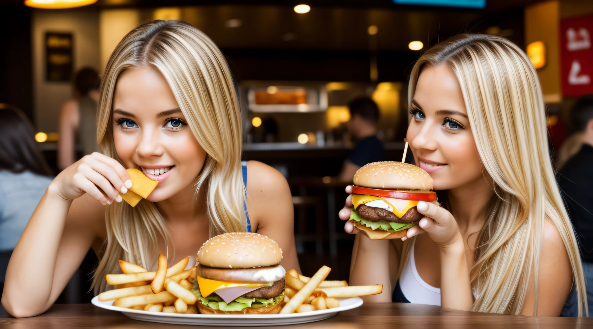 Blonde girl with burger and fries,