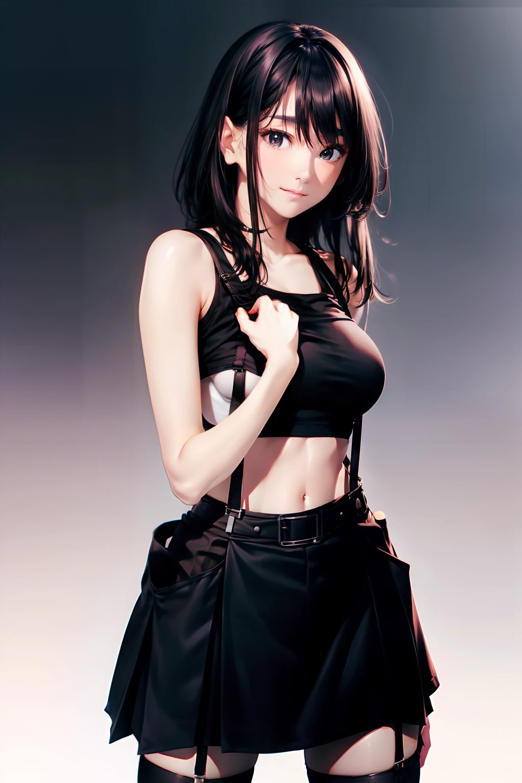 a black skirt, , Tank tops　suspenders, Long Black Hair, Gray eyes, holster, Garter belt on the legs, , Moderate breasts and tight clothes, both sides　　Behind　no-bra