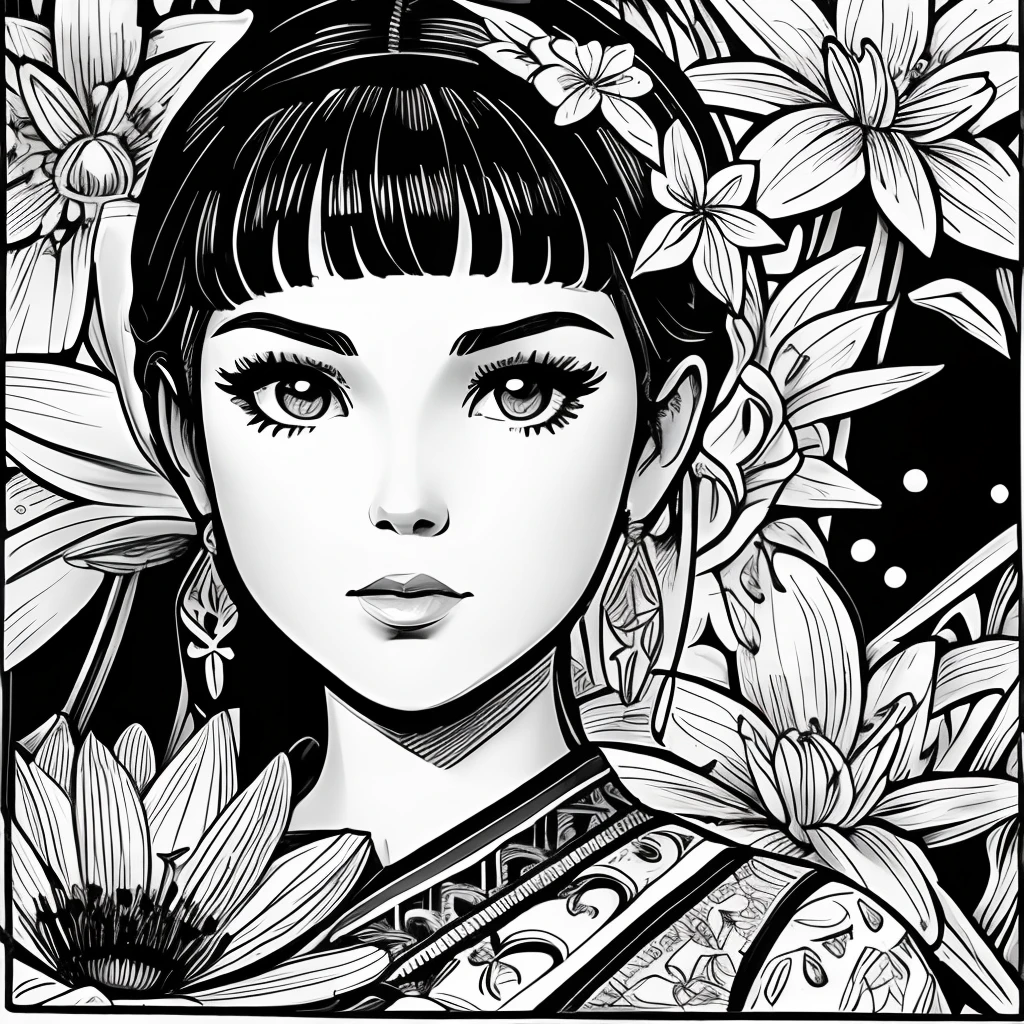 Black and white stick figure 1 girl with river lillies flower in background, loli in dress with flowers, its fine ink line art, comic style, portrait of ploynesian girl, Marilyn Munroe, Hollywood glam, beautiful line art, black and white comic style, manga style, manga art style, pencil and ink caricature drawing, black and white coloring