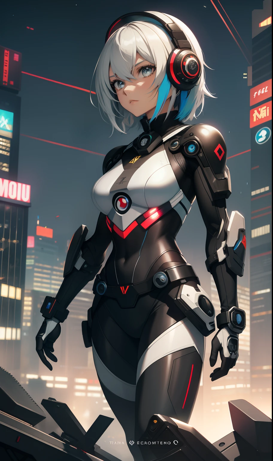 best qualityer,tmasterpiece,Ultimate resolution,downy,Extremely colorful,Colorful,Women combatants,a matural female,Short white hair,Tight combat suit,tightsuit,With a belt,Steel City background,the night,Normal posture