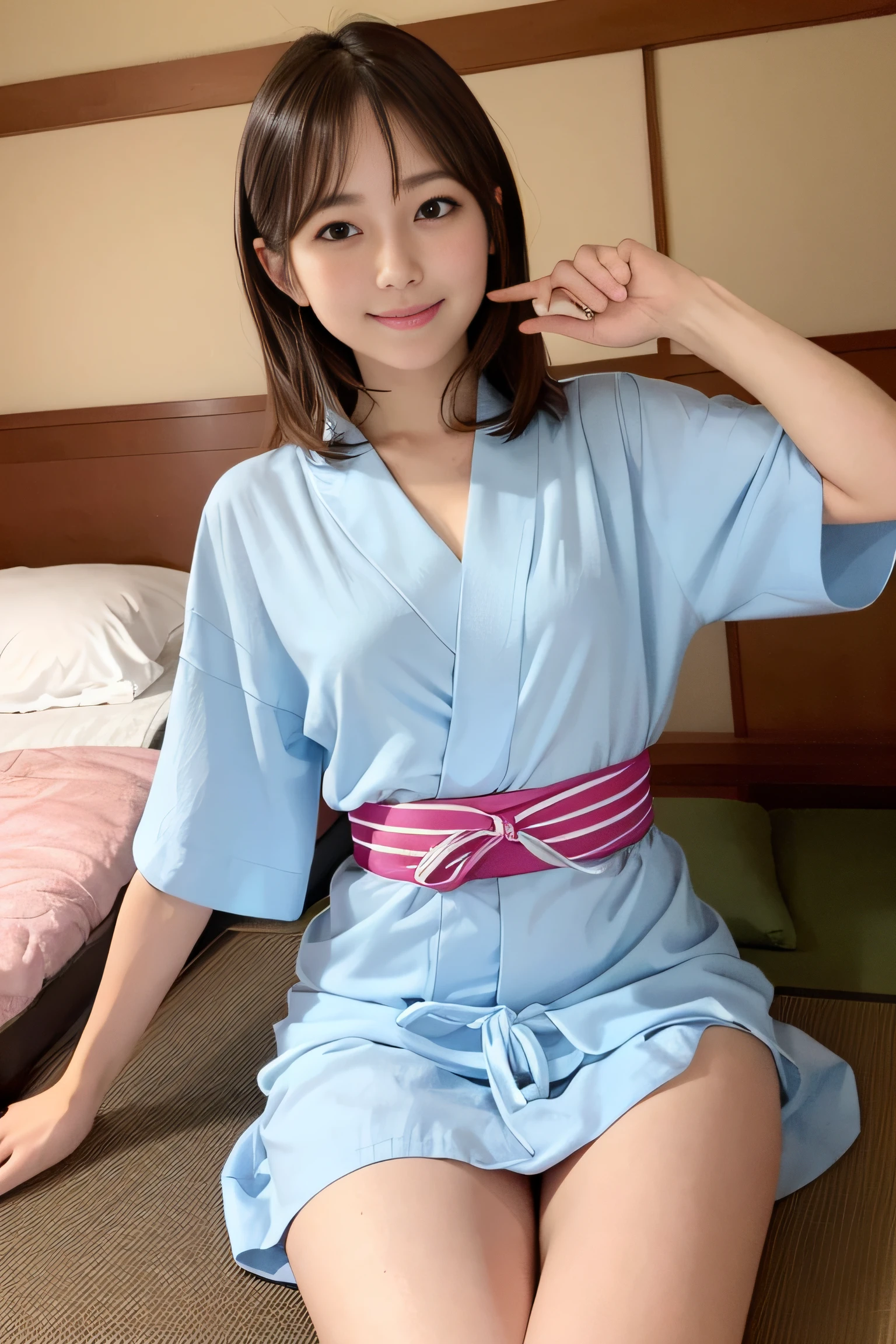 (Highest image quality, Highest image quality, Super A High Definition), (Raw photo, Realism 1.4), (flat chest), Fine skin, Fine face, Cute, AKB Girl, Girl in her 20s, Small breasts, Perfect Skin, thighs thighs thighs thighs, Medium Hair, Perfect, Brown hair, Brown eyes, Full body, On the futon at the ryokan、((Summer Festivals))、 ((Yukata)), Bright sunshine, Smile