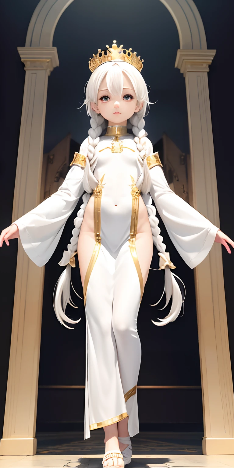 best quality, masterpiece,white hair, gold eyes,white long clothes, looking at viewer, full body view , li body,  ,Fair skin,side braids , golden crown , castle passageway