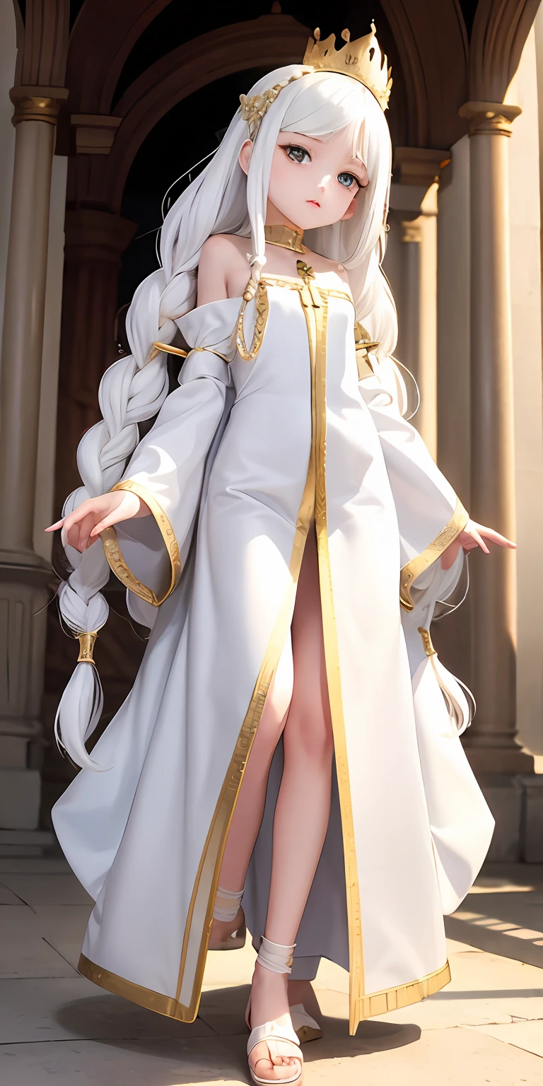 best quality, masterpiece,white hair, gold eyes,white long clothes, looking at viewer, full body view , li body, ,Fair skin,side braids , golden crown , castle passageway