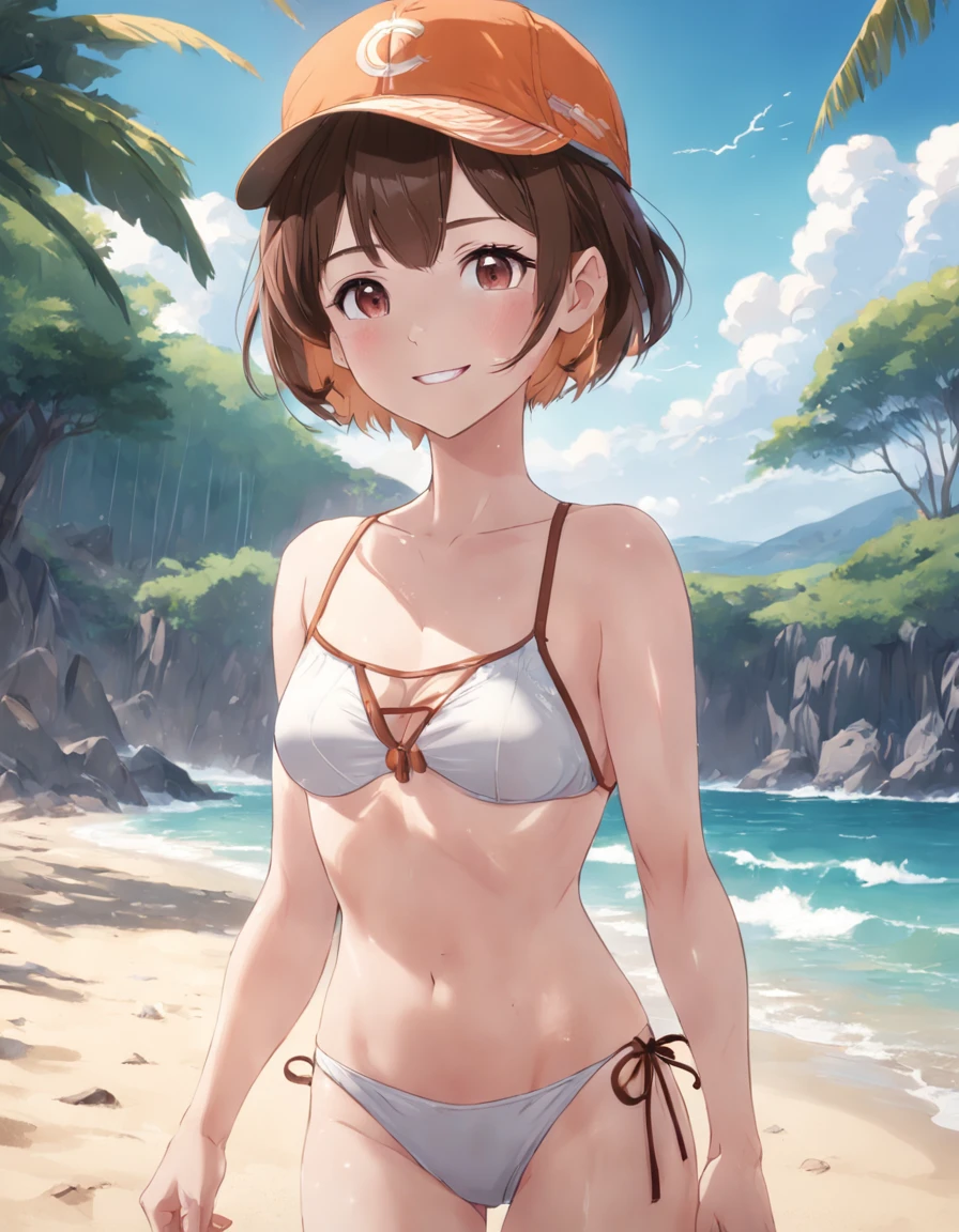 (masterpiece:1.2), (pale skin:1.2), (8k:1.2), (solo:1.2), (female:1.1), (emphasis lines:1.3), (brown hair:1.1), short hair, (cap:1.1), headwear, (small bikini bra:1.2), (shorts:1.1), (beach:1.2), smile, outdoors