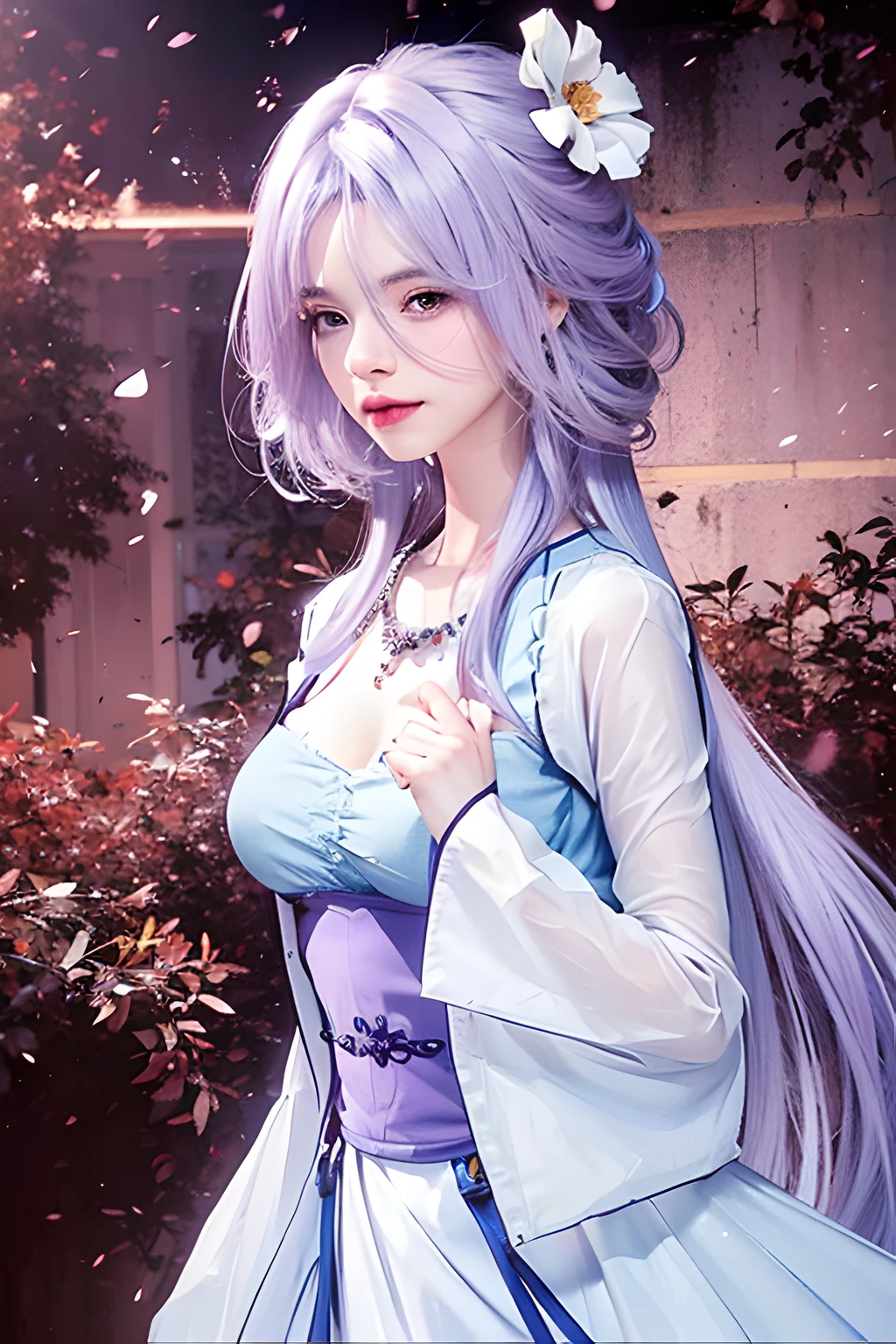(National Foundation),(((Off-shoulder shirt))),masterpiece, (masterpiece, best quality, high resolution), 动漫wind格, Color background, acrylic paint, ((Splash of Color, Ink splatter, Splash of Color)), best quality, 1 girl, (rich and colorful),(Delicate eyes and face), Wears red half-rimmed glasses,wear glasses,Huge breasts,Volumetric Light, Ray Tracing, Half-length photo ,Extremely detailed CG unified 8k wallpaper,solitary,Smile,((Flying petals)),fantasy, wind, Magic Spark, Blue Hair,Semi-long hair,blue eyes,wear glasses