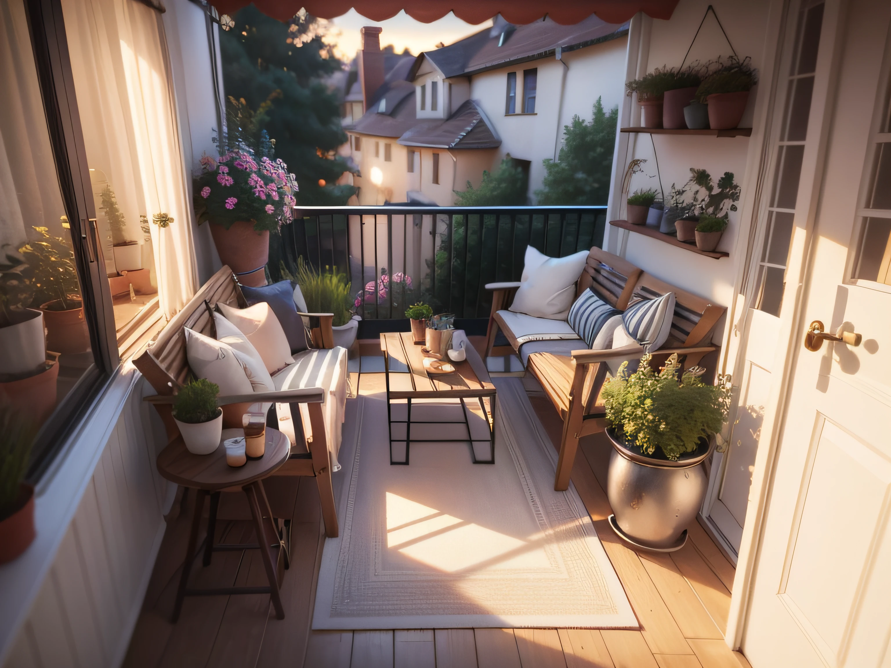 A cozy balcony scene with a realistic photo-like quality.