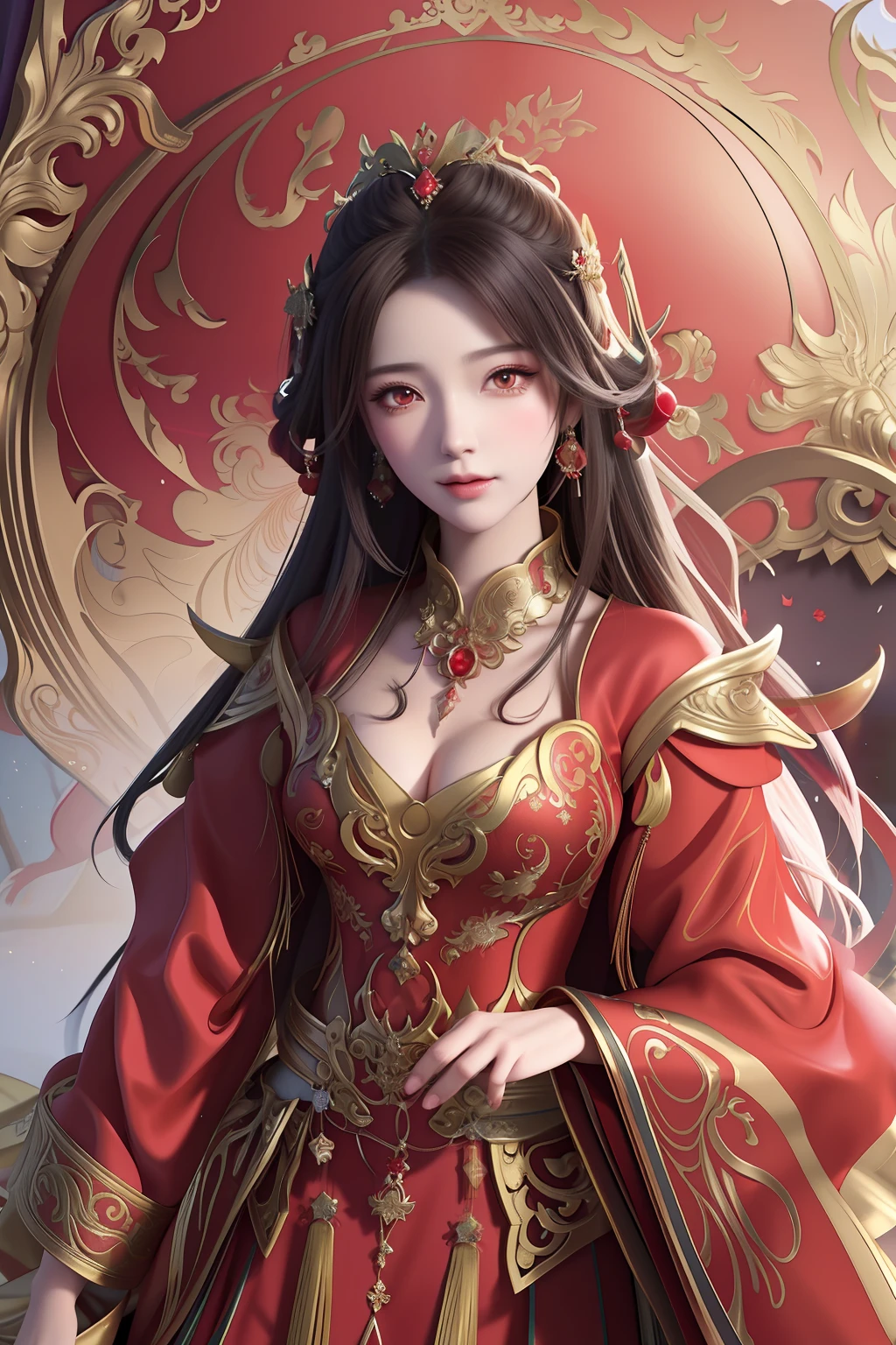 Best quality: 1.1), (Realistic: 1.1), (Photography: 1.1), (highly details: 1.1), A man wears a red and gold dress,Woman with a crown on her head, A hair stick, (sitting on red bed), Blushing, Shy, black_Hair, crown, Looking down, (2 red candles), Chinese_clothes, Curtains, Earrings, Hair_decorations, Hanfu, interiors, jewelry, Long_Sleeves, Red dress, Redlip, ?????? tassels, (Red quilt), (red palace: 1.2), (3DMM),mix4,