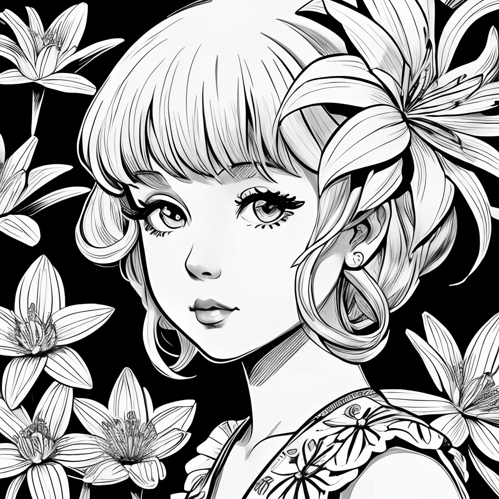 Black and white stick figure 1 girl with river lillies flower in background, loli in dress with flowers, its fine ink line art, comic style, portrait of ploynesian girl, Marilyn Munroe, Hollywood glam, beautiful line art, black and white comic style, manga style, manga art style, pencil and ink caricature drawing, black and white coloring