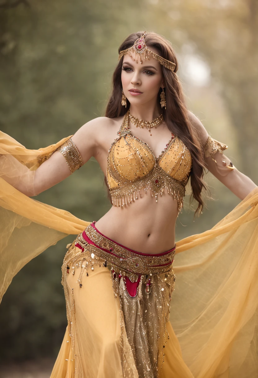 bellydancer, roupas de belly dance tradicional, pele bronzeada, Epic and dynamic pose, noite, ambiente externo, luzes baixas, lightnings, cerejeira,