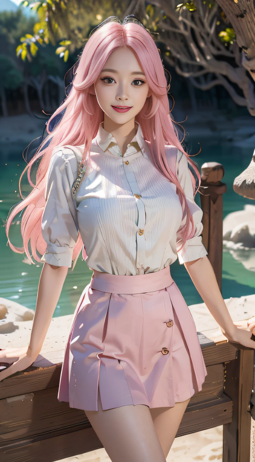 "(1 persons)(((Best quality))),(((Ultra detailed))),(((Masterpiece))),illustration,"
Descriptors:
Hair color:Long pink hair
expression:A smile of joy
clothing:Loose short sleeves and short skirt
scenario:oasis in the desert,Surrounded by greenery,clear lakes,Fine sand and green grass fight each other