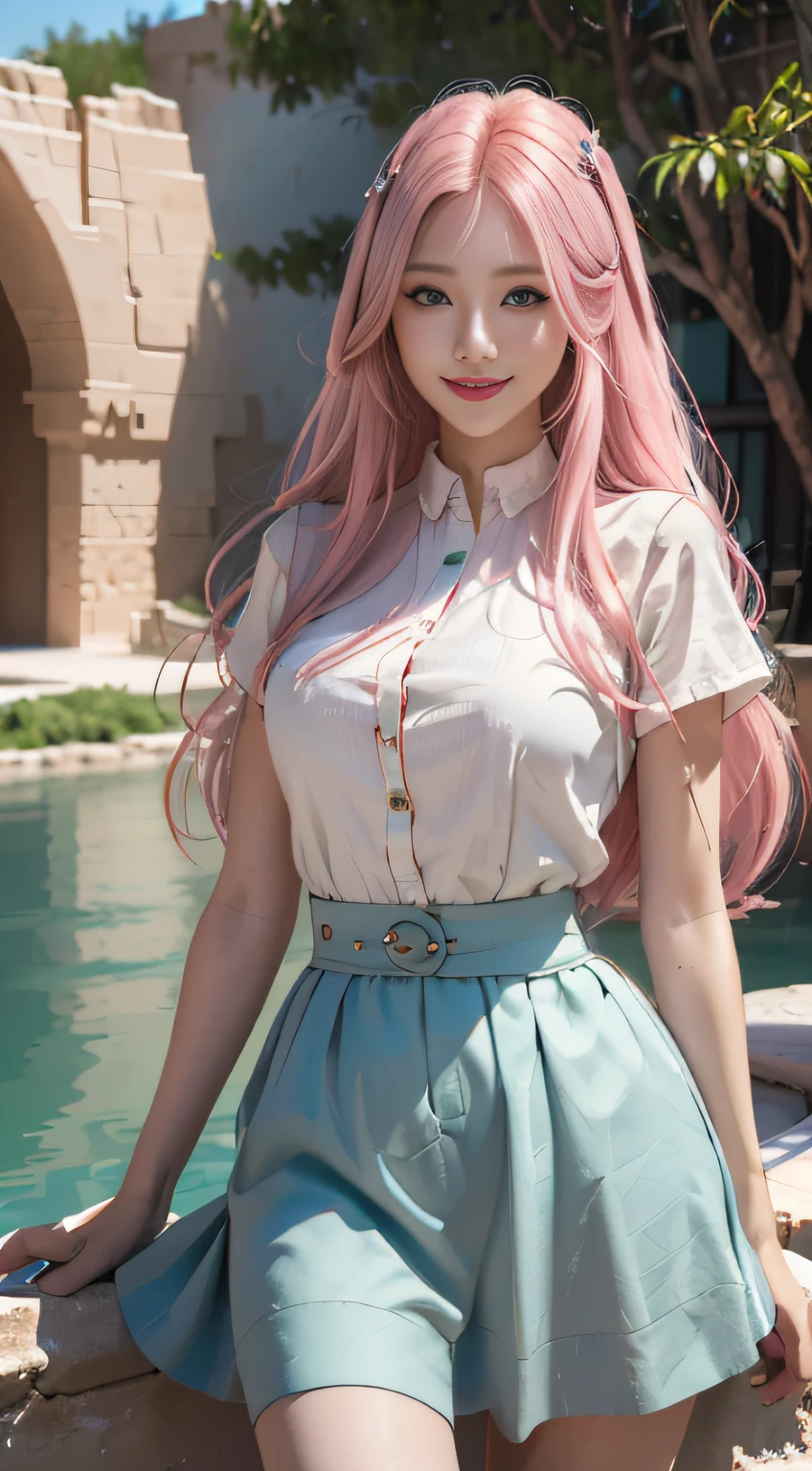 "(1 persons)(((Best quality))),(((Ultra detailed))),(((Masterpiece))),illustration,"
Descriptors:
Hair color:Long pink hair
expression:A smile of joy
clothing:Loose short sleeves and short skirt
scenario:oasis in the desert,Surrounded by greenery,clear lakes,Fine sand and green grass fight each other