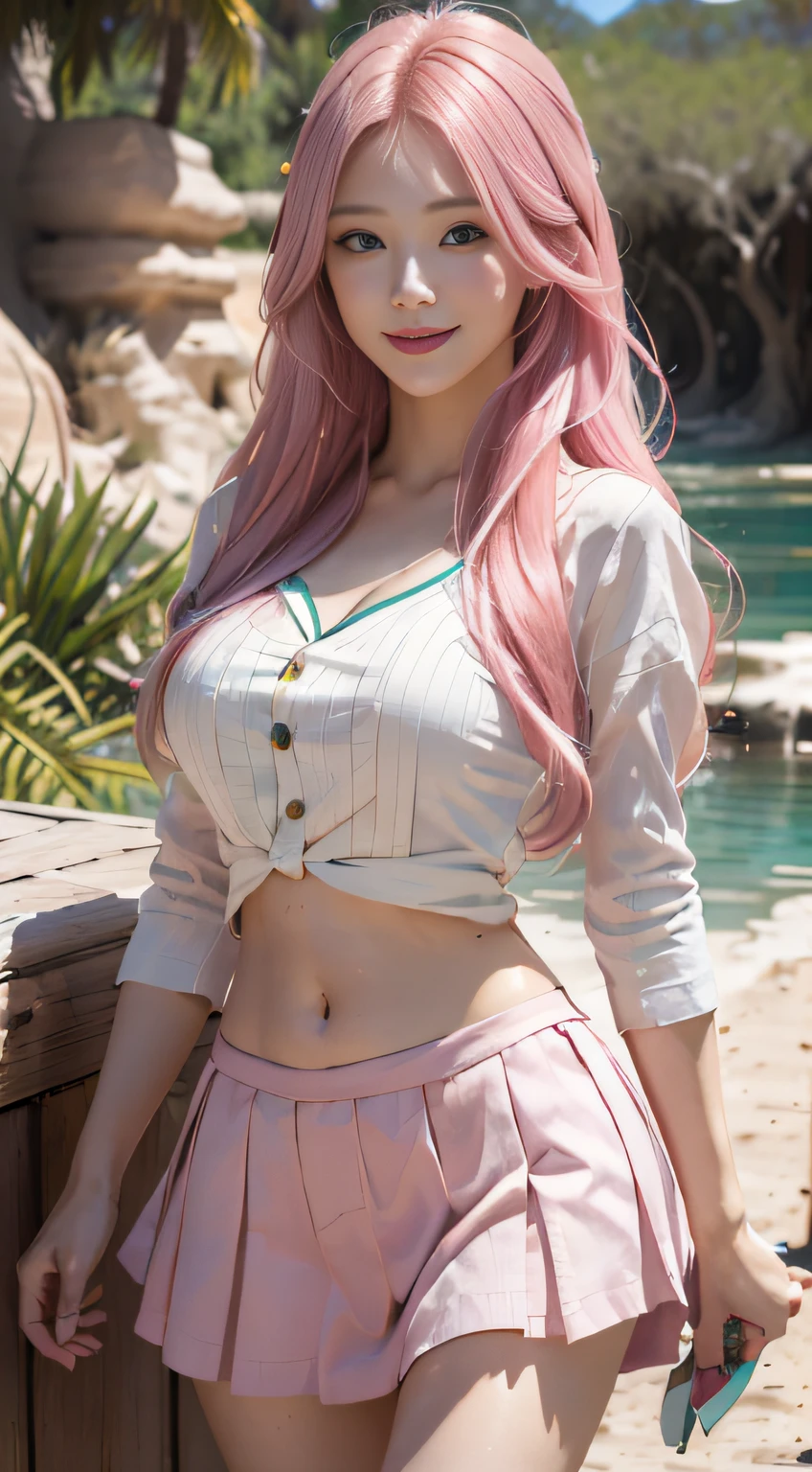 Change into sfw nude, covering tits with her pink hair, blurry covering her genitals with shadow, safe for work naked body, ((perfect body figure:1.2)), pale skin