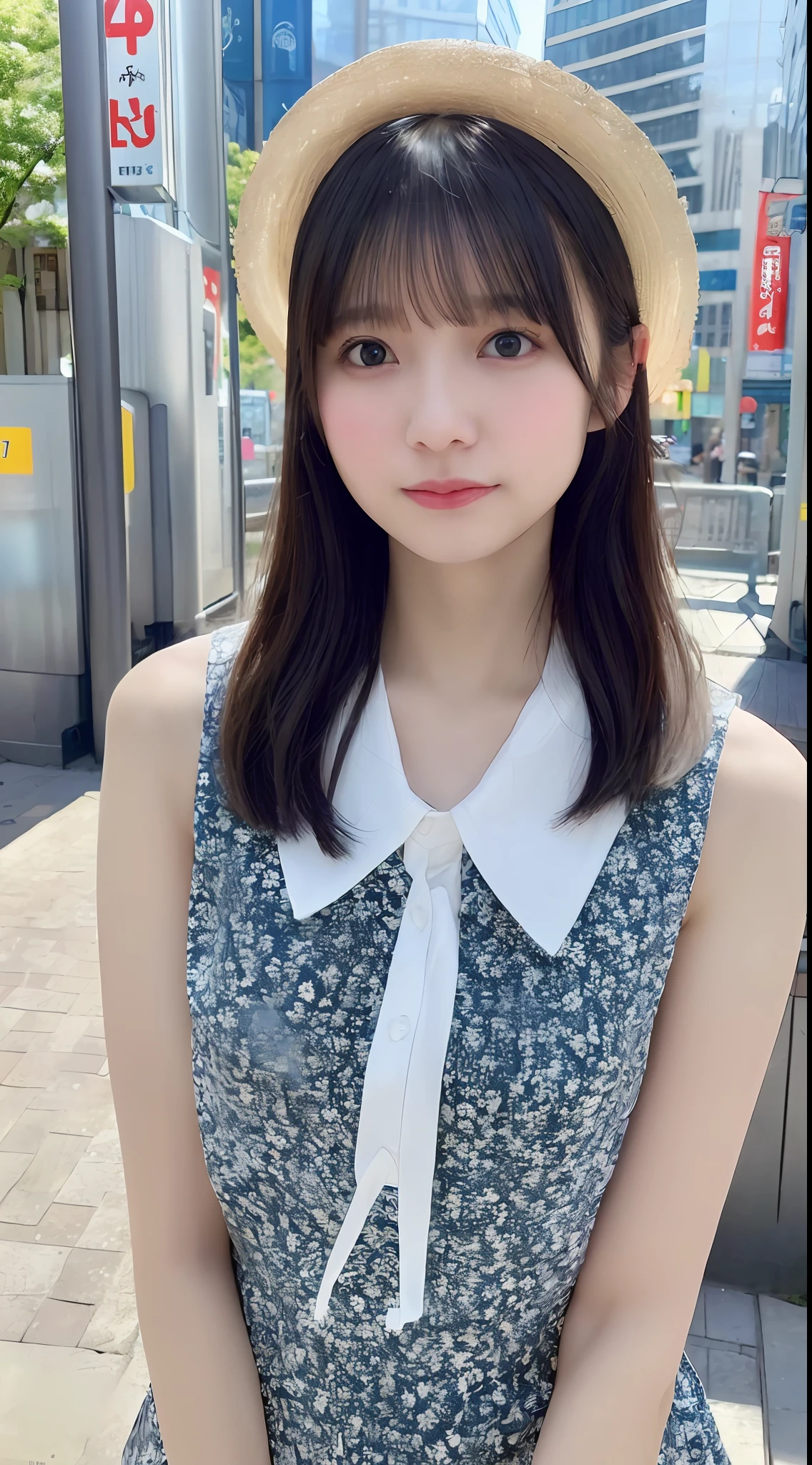 mix4, (8K, Raw photography, Top image quality, masterpiece: 1.45), (realisitic, Photorealsitic: 1.37), one girls, cute little, A city scape, natta, Sateen, Wetty, profetional lighting, photon maping, Radio City, physically-based renderingt, Gradient black hair, white hair, short curly hair, a handsome, girl with, (((Randomly generated plain clothes))), Top Quality Photos, hight resolution, 1080p, (clearface), (Detailed face description), (Detailed hand description), (masterpiece), (Exquisite CG)、extreme light and shadows、dishevled hair、master work、abundant detail、(Fine facial features)、(top quality photo)、(masuter piece)、(A detailed eye)、Look in front of you、Fine clavicle、((Slender big))、((student clothes)))、((In front of Shibuya Station))、((Wear a straw hat))、(Shooting from random perspectives)、(((Sleeveless)))、耳Nipple Ring、A big smile、Drawing the whole body from the knees、