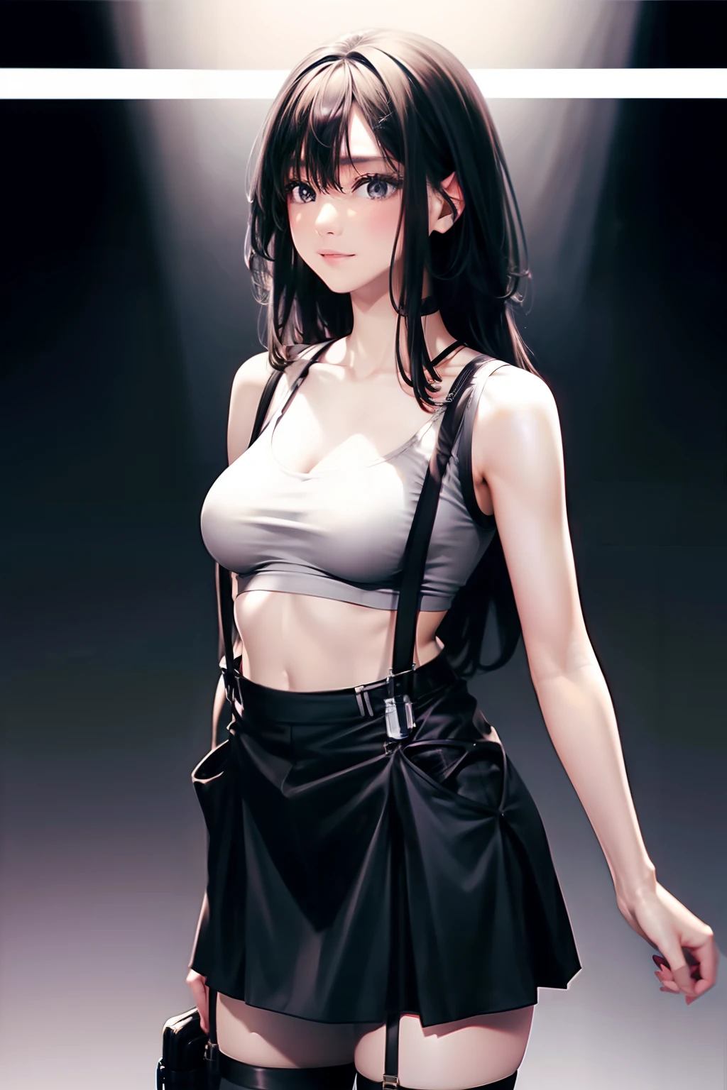 a black skirt, , Tank tops suspenders, Long Black Hair, Gray eyes, holster, Garter belt on the legs, , Moderate breasts and tight clothes, both sides Behind no-bra