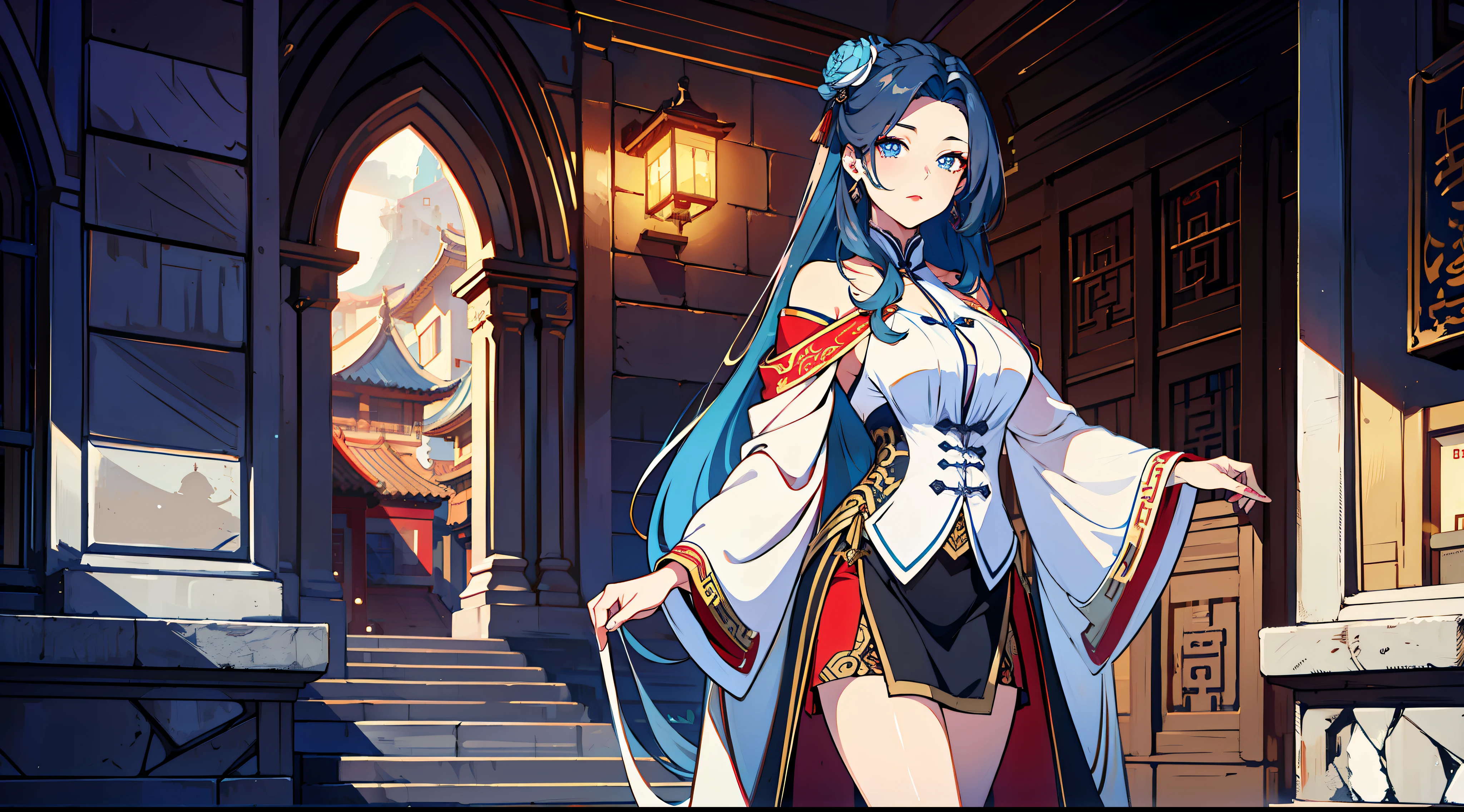 Fine, (Best Illustration), 8K resolution, Intricate details, Best quality, Realistic, Ultra detailed, BEST lighting, Best shadows, Ultra HD, Blue hair, Long hair, magister, standing,Dressed in an ice blue trendy Chinese costume，The skirt does not reach the knee，Long legs，Moon eyebrow starry eyes，Qiong nose is straight，Such as aquatic silk。