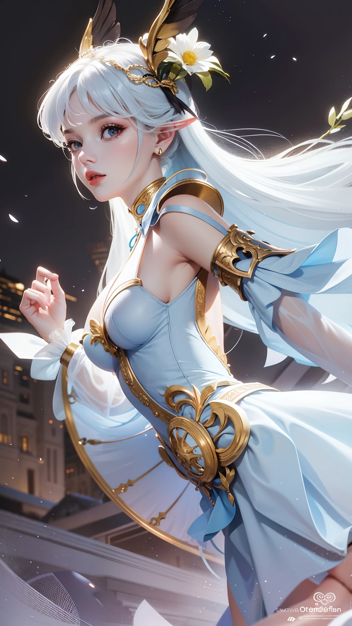 RAW photo, best quality, (realistic, photo-realistic:1.3), best quality, highly detailed, masterpiece, ultra-detailed, illustration, 1girl, upper_body, dynamic angle, world mastery theater, messy_long_hair,best quality, extremely detailed CG unity 8k wallpaper, ink, amazing, movie lights, lens_flare,dunhuang_style white stockings, pale skin, hair accessories, epic landscape,